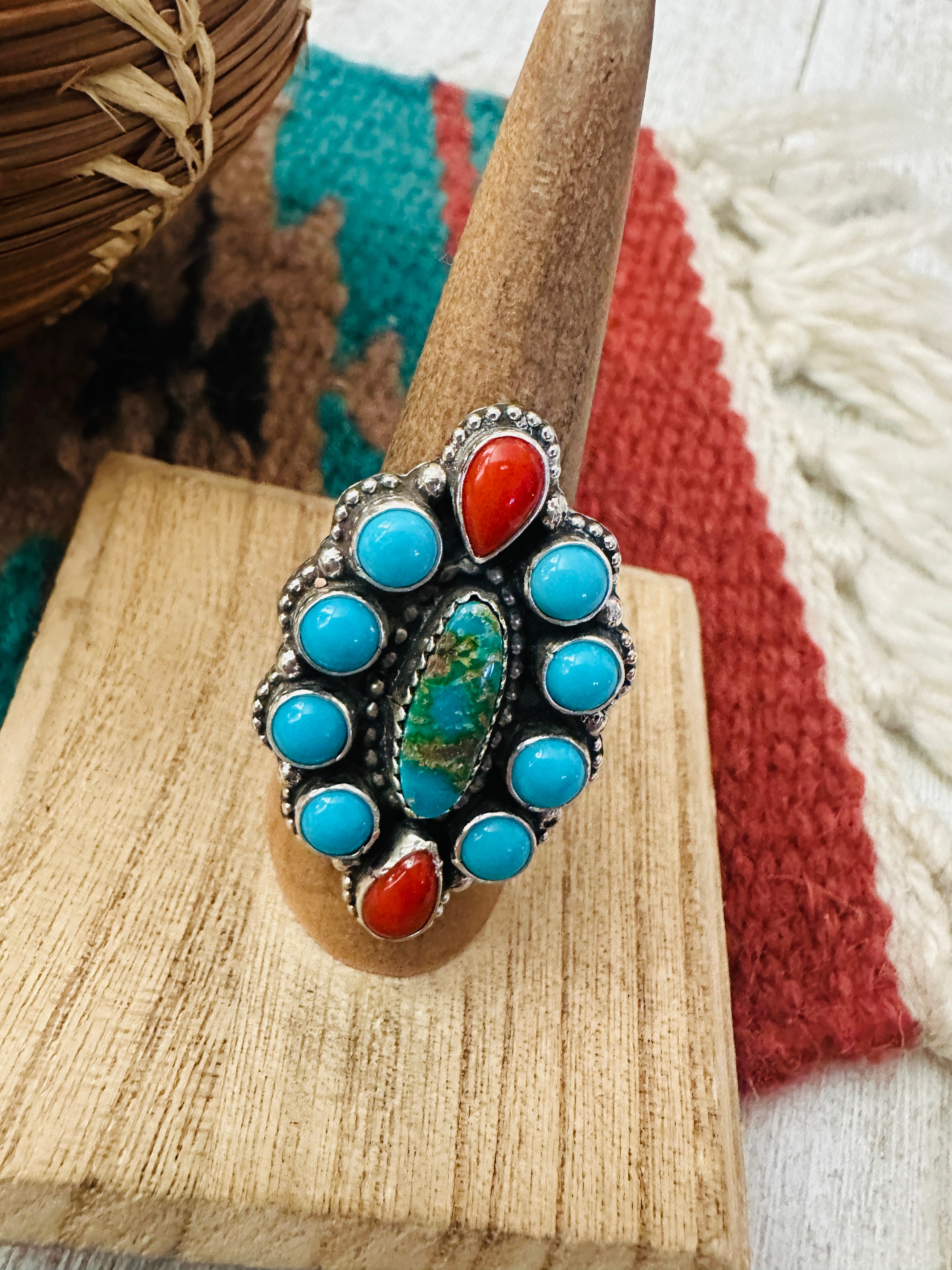 Navajo Turquoise, Coral & Sterling Silver Cluster Ring Size 7.25