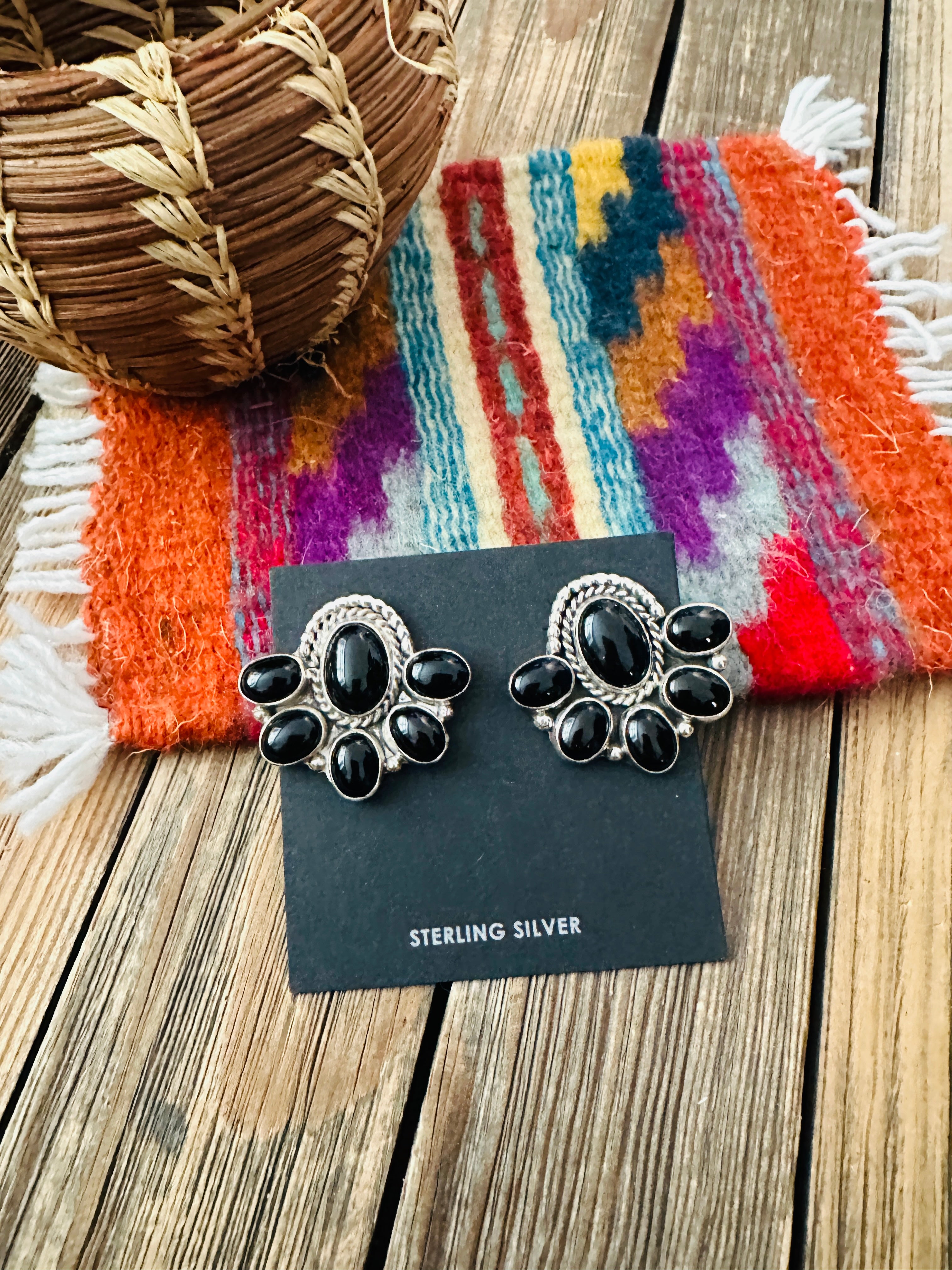 Handcrafted Onyx & Sterling Silver Cluster Cluster Post Earrings