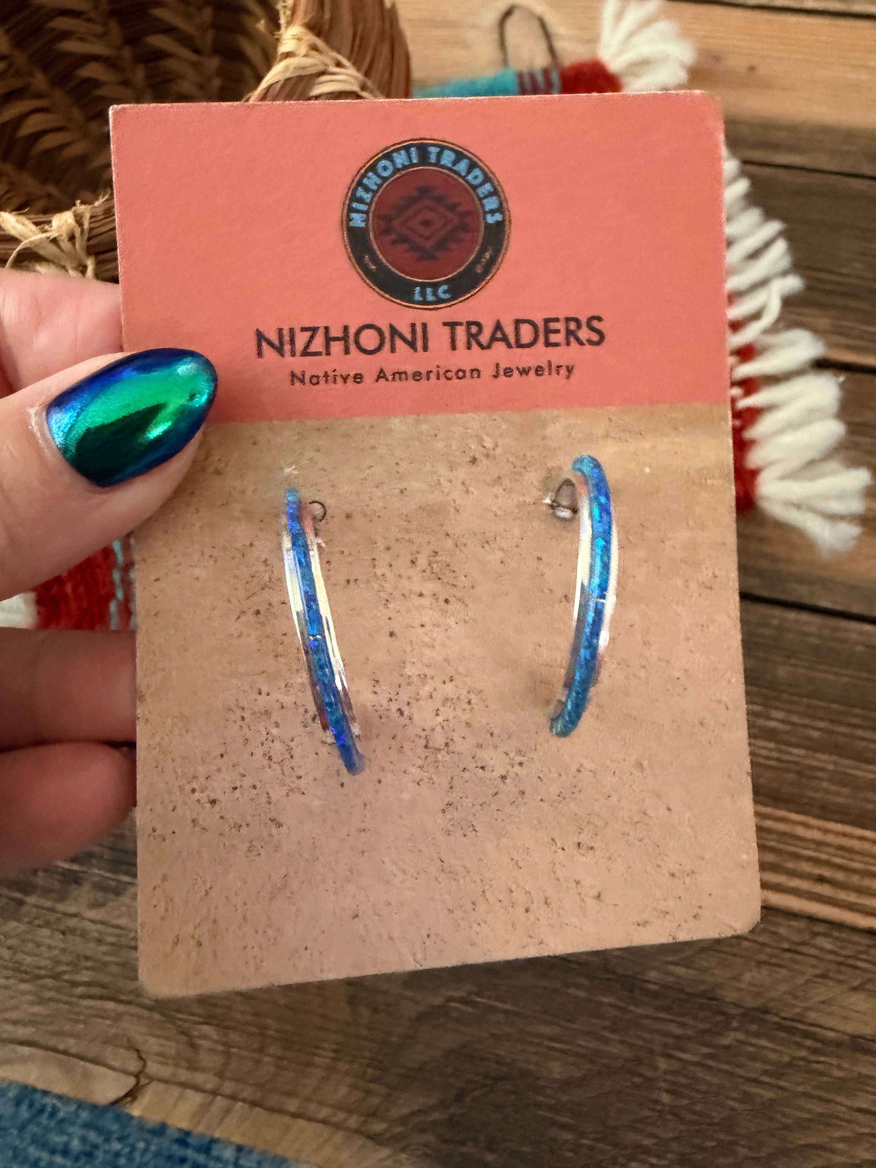 Handcrafted Sterling Silver & Blue Opal Inlay Hoop Earrings