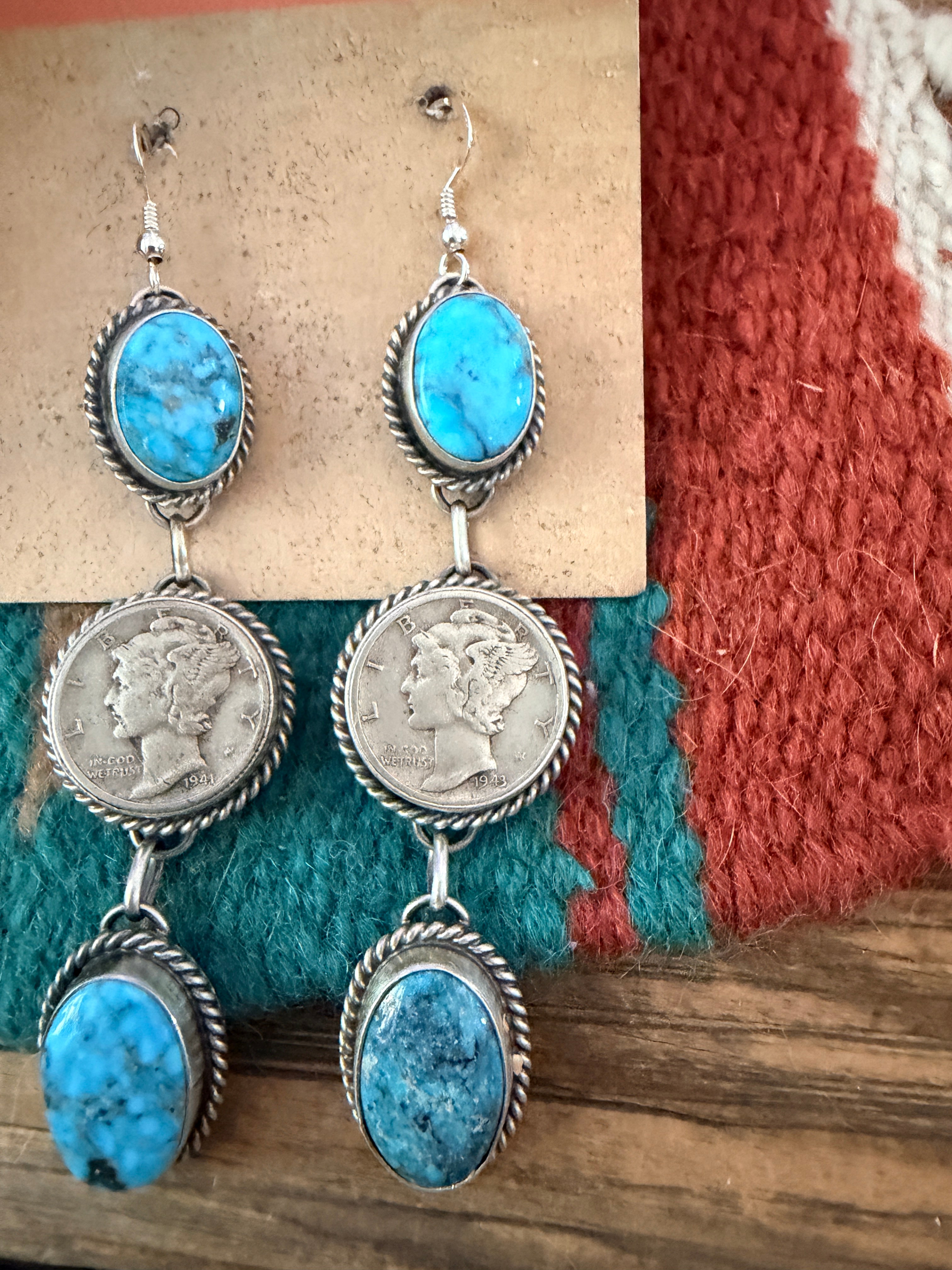 Handcrafted Turquoise & Sterling Silver Liberty Dime Dangle Earrings by Hiram Largo