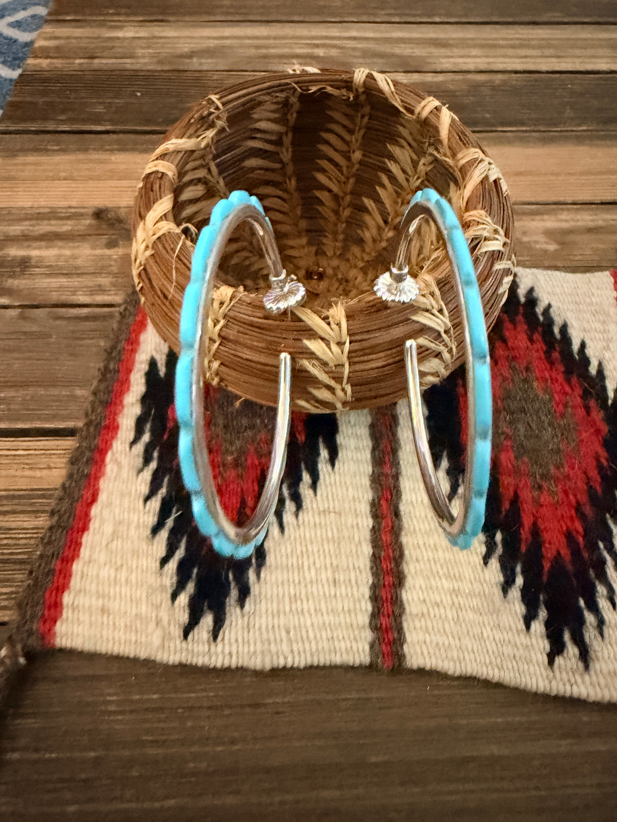 Handcrafted Turquoise & Sterling Silver Hoop Earrings by Federico Jimenez