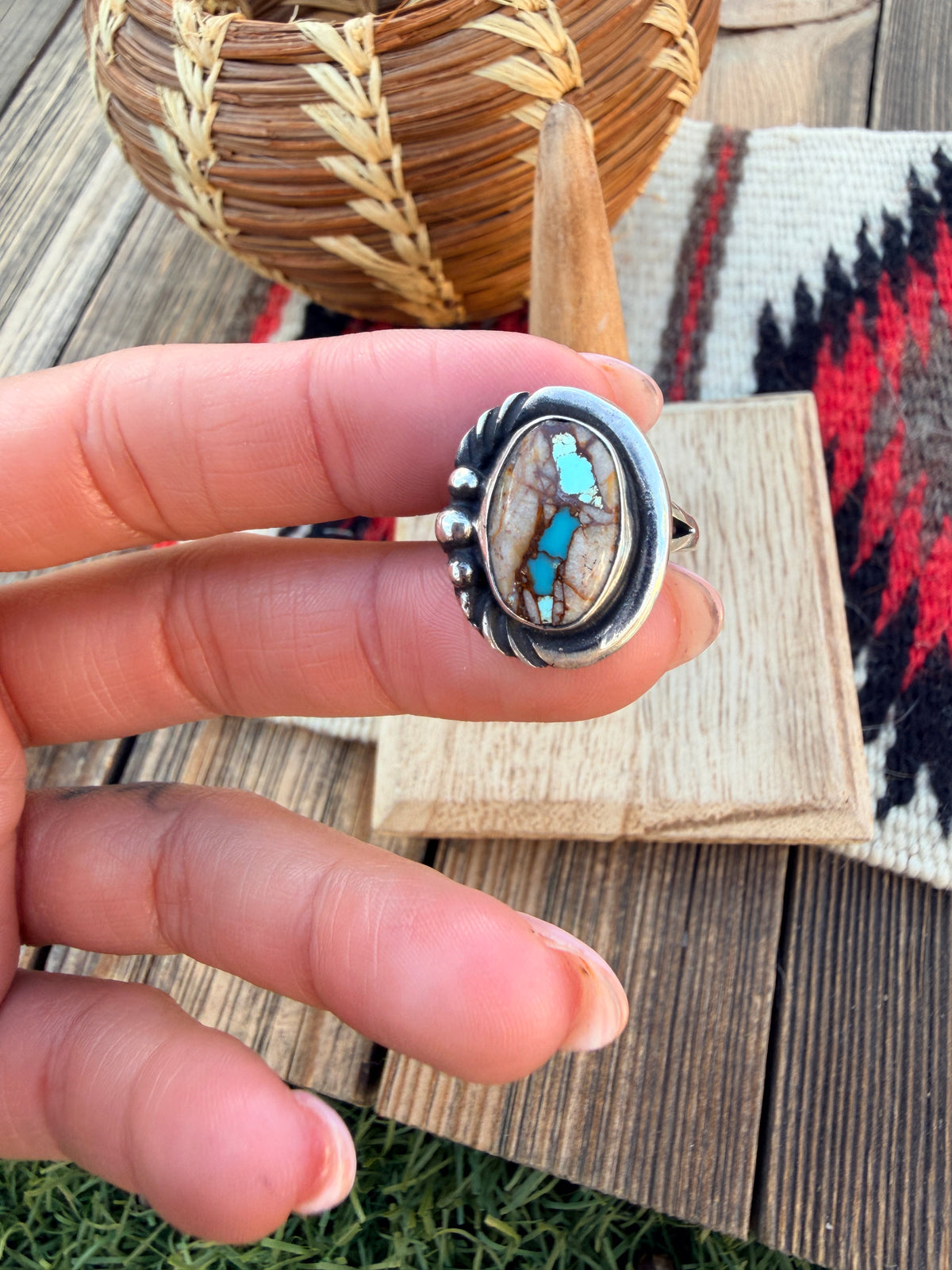 Handcrafted Ribbon Turquoise & Sterling Silver Ring Size 7.75