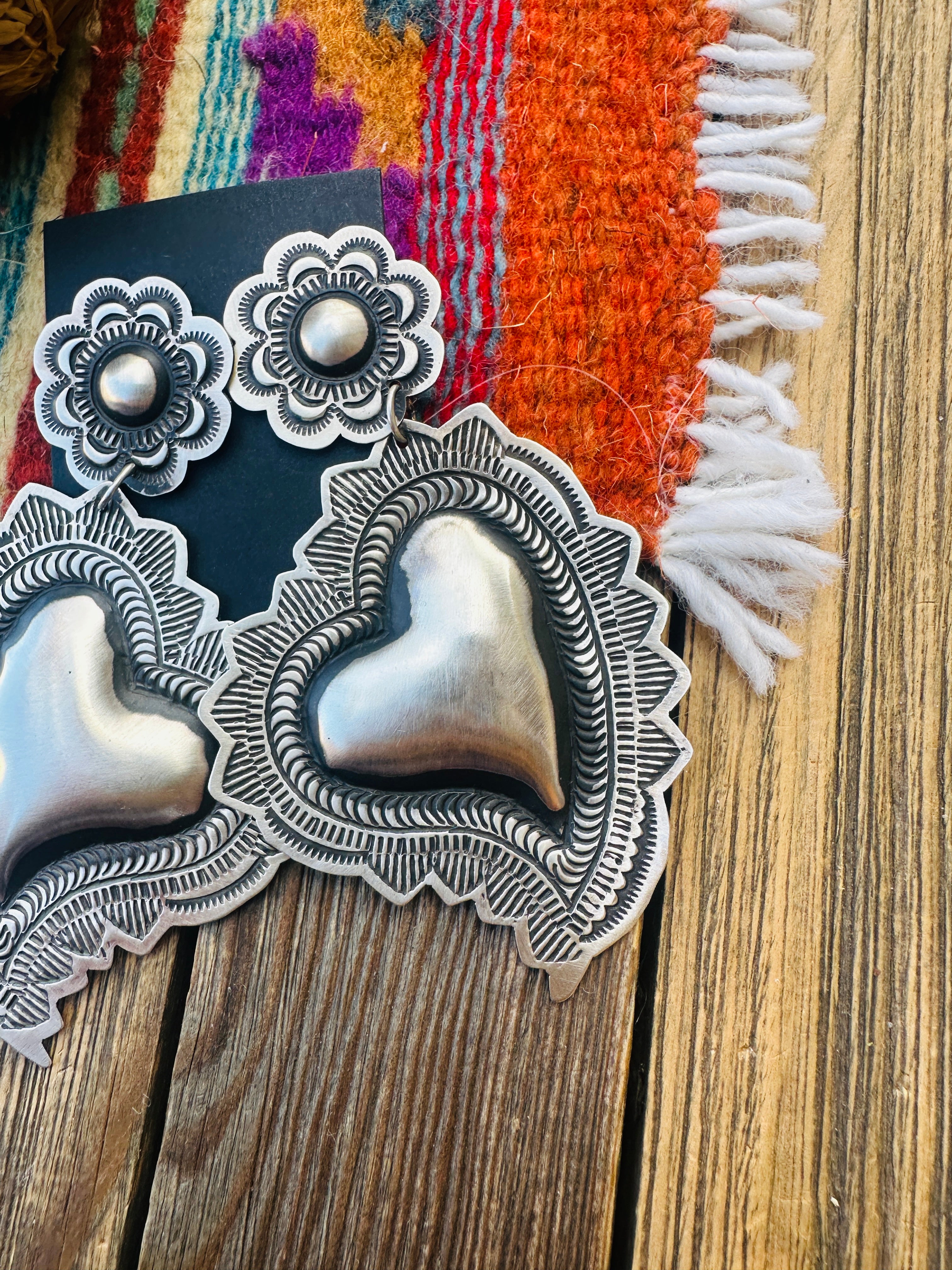 Handcrafted Sterling Silver Concho Heart Dangle Earrings by Leander Tahe