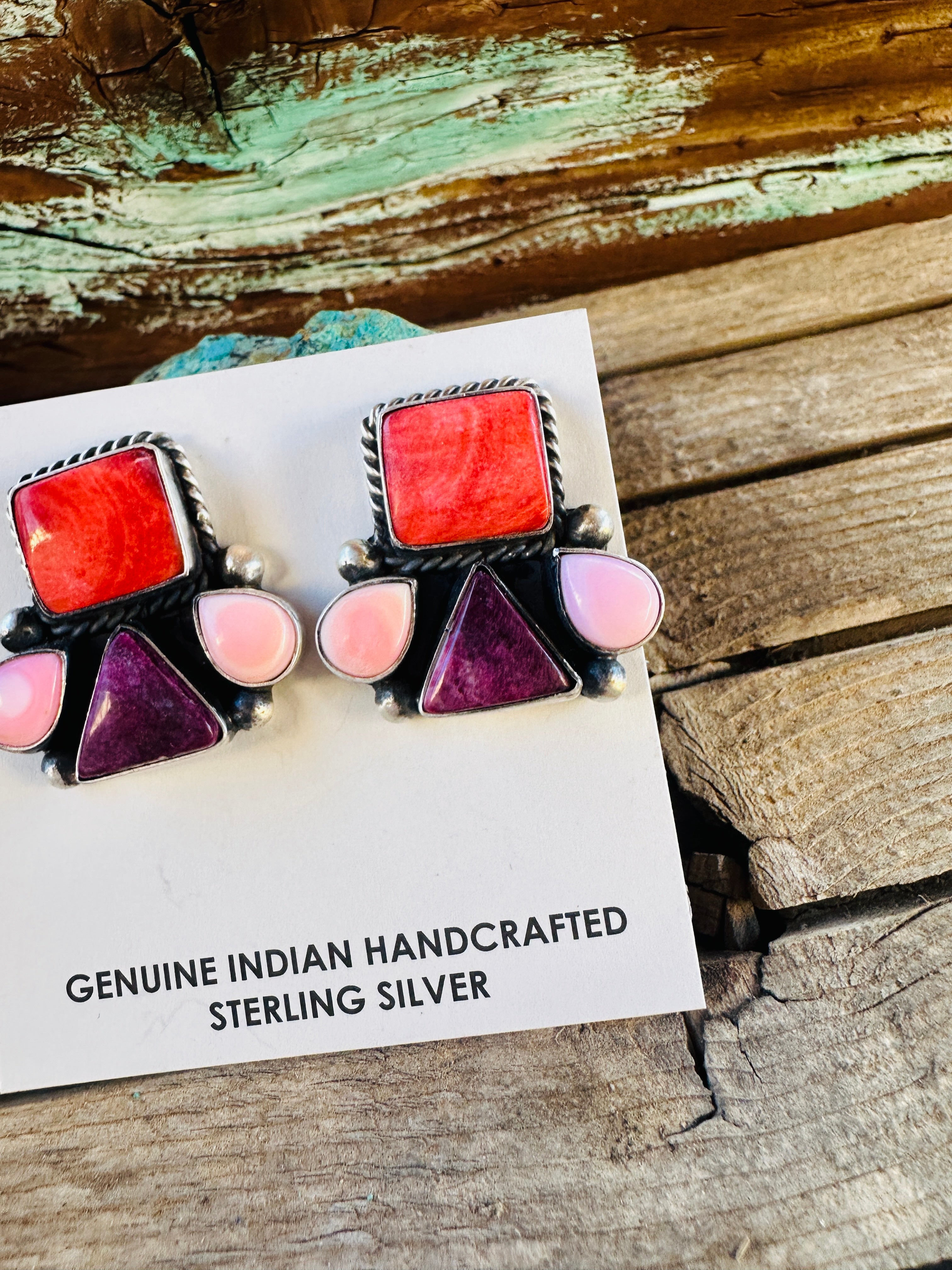 Handcrafted Spiny Oyster, Queen Pink Conch & Sterling Silver Post Earrings by Hiram Largo
