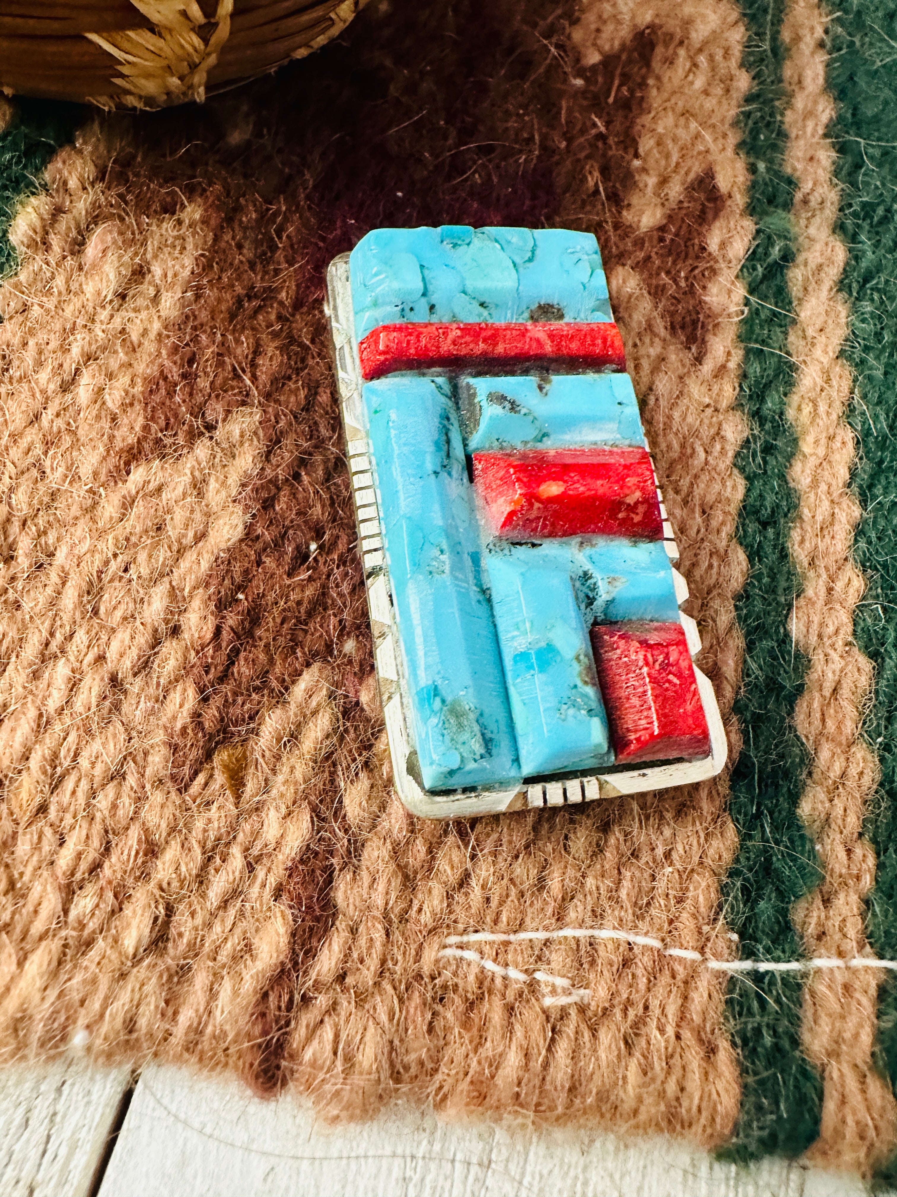 Navajo Turquoise, Coral & Sterling Silver Inlay Money Clip