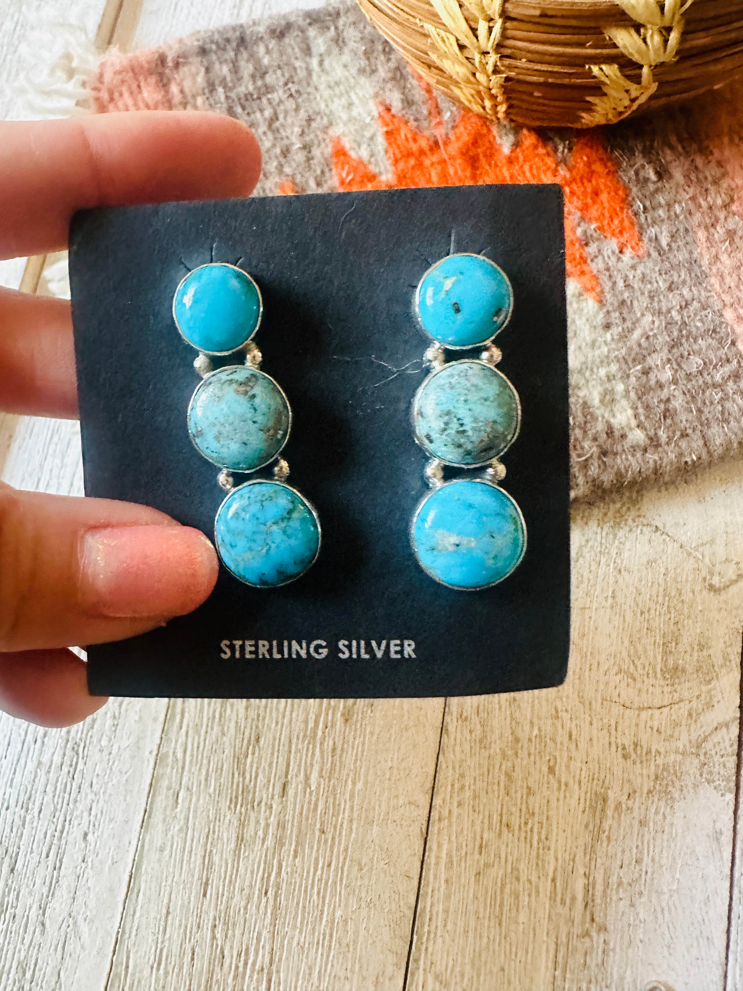 Navajo 3-Stone Turquoise And Sterling Silver Dangle Earrings