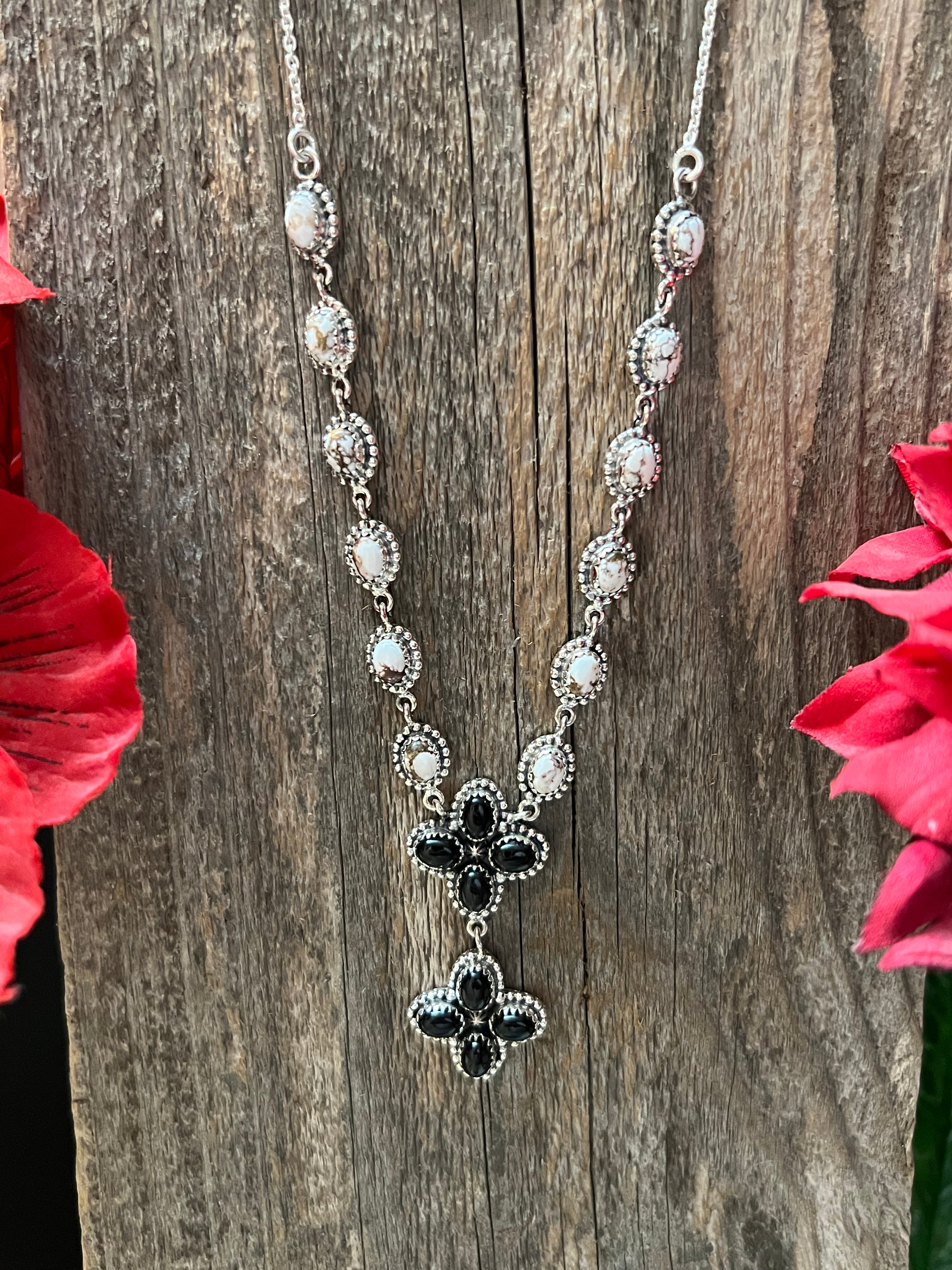 Handmade Sterling Silver, Wild Horse Gemstones & Black Onyx Lariat Necklace