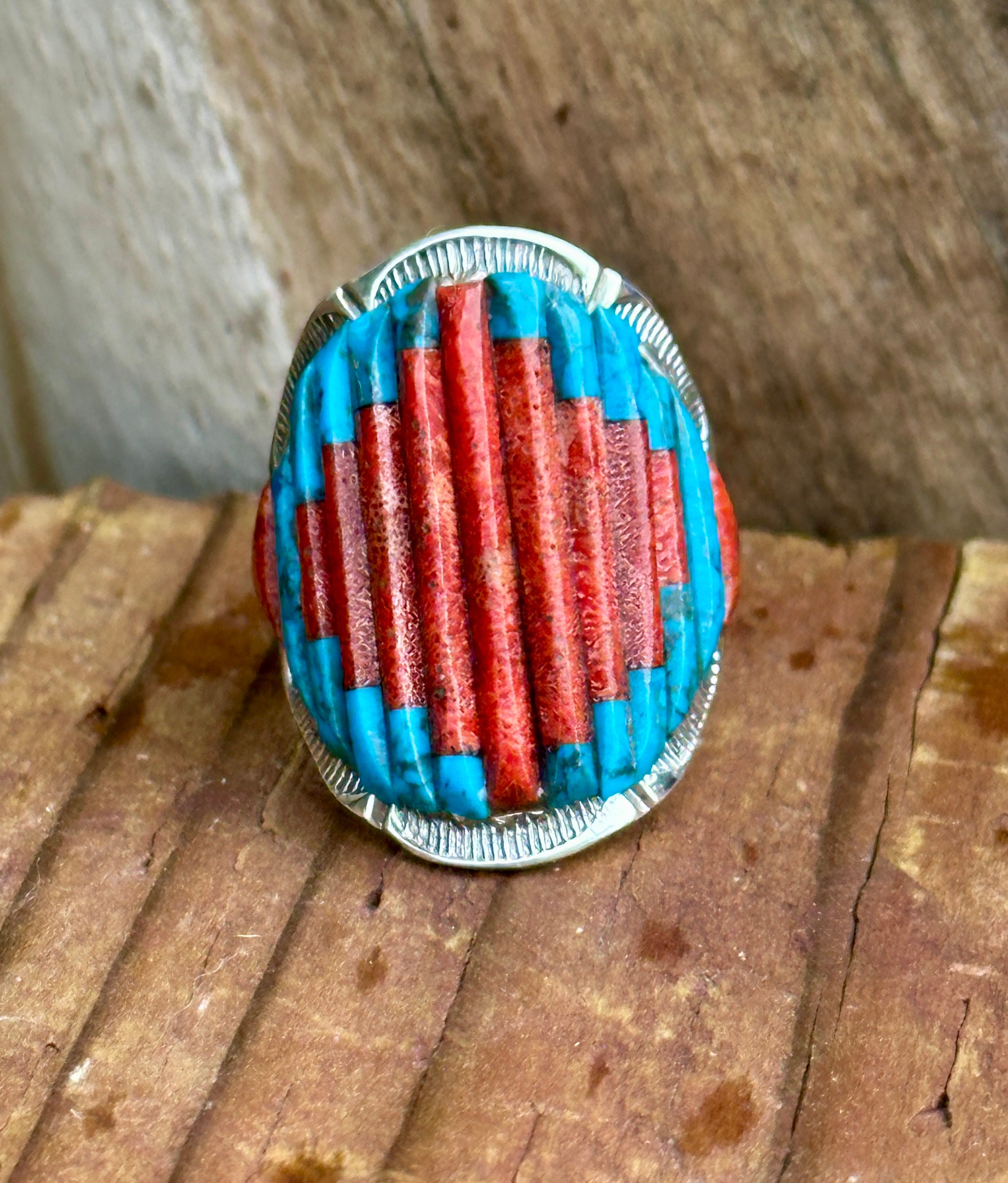 Handmade Turquoise, Coral & Sterling Silver Adjustable Ring Signed Nizhoni