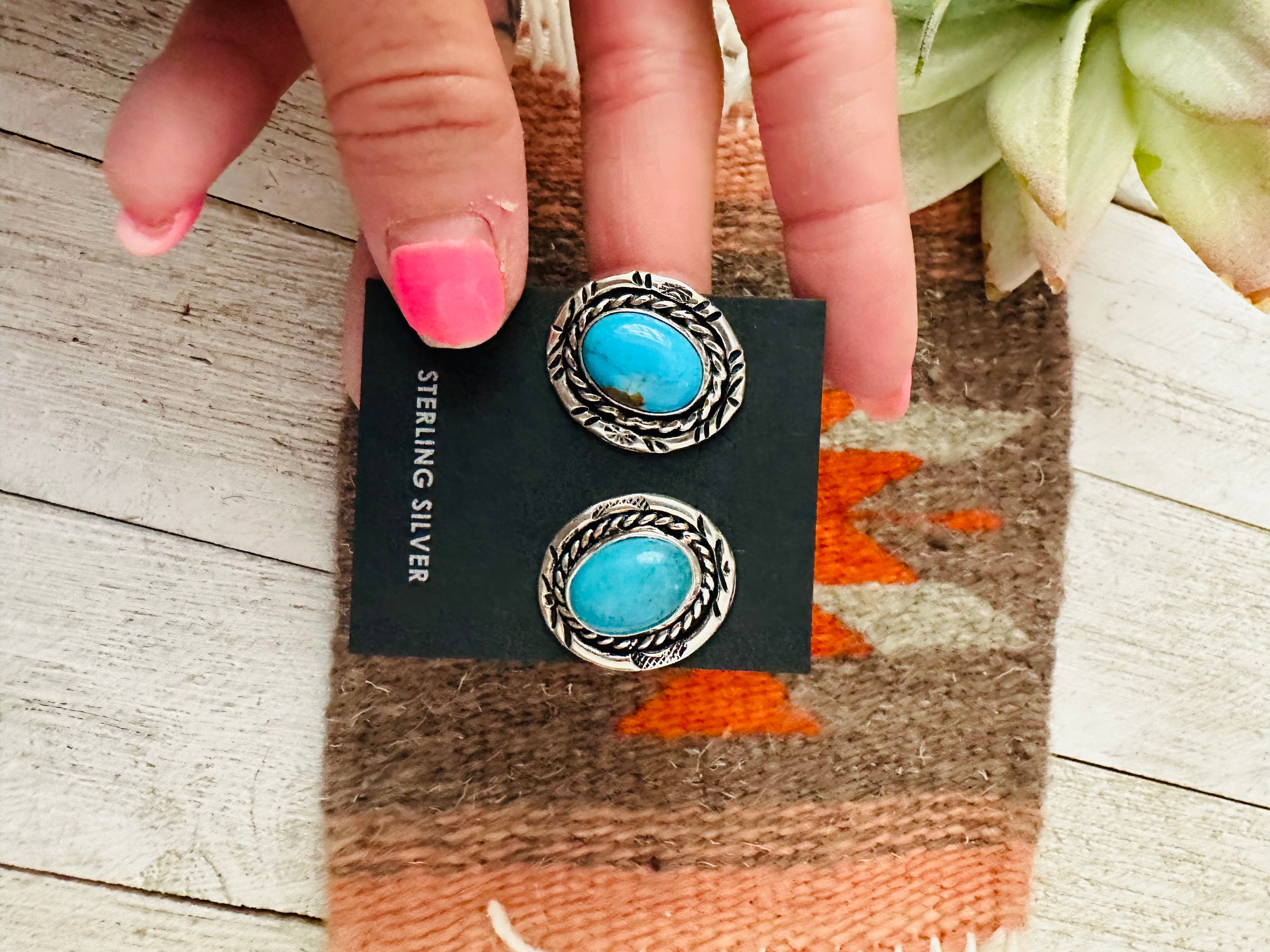 Navajo Turquoise and Sterling Silver Oval Post Earrings