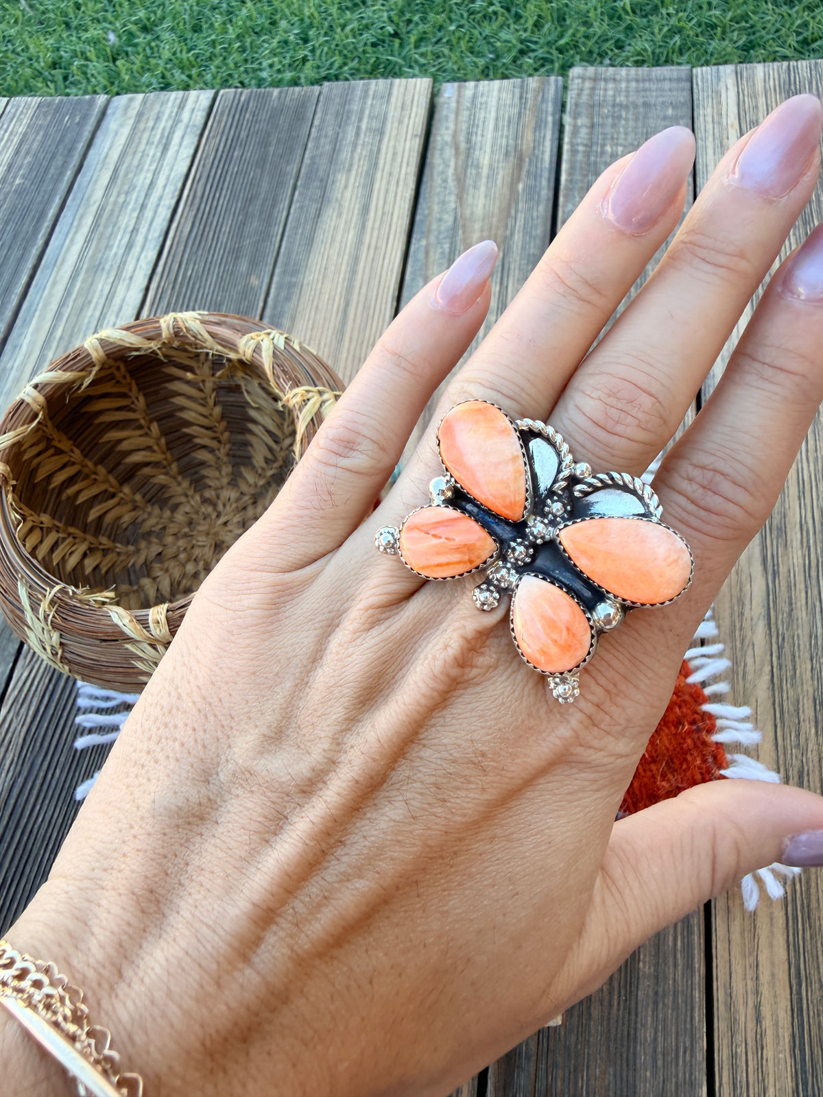 Handcrafted Spiny Oyster & Sterling Silver Butterfly Ring Size 7.75