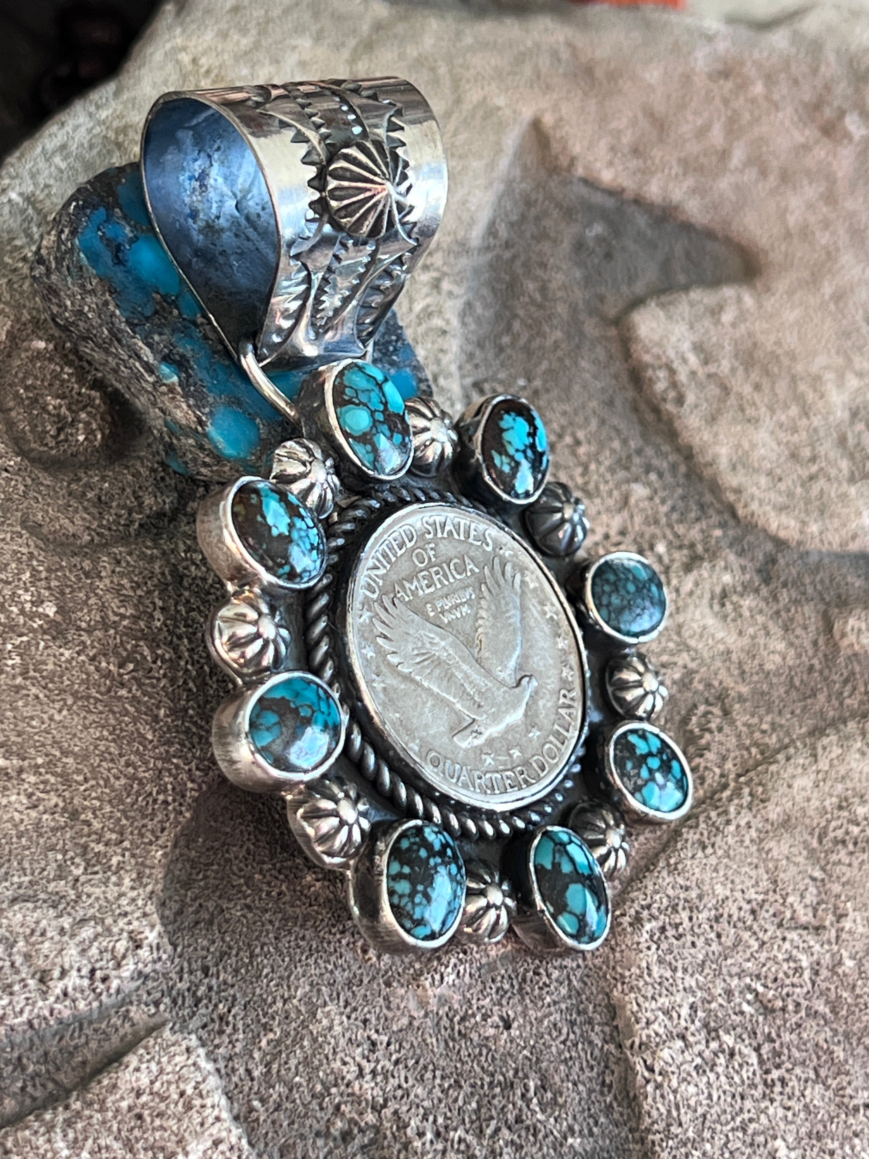 Rosella Paxson Sterling Silver, Liberty Quarter and Hubei Turquoise Cluster Pendant