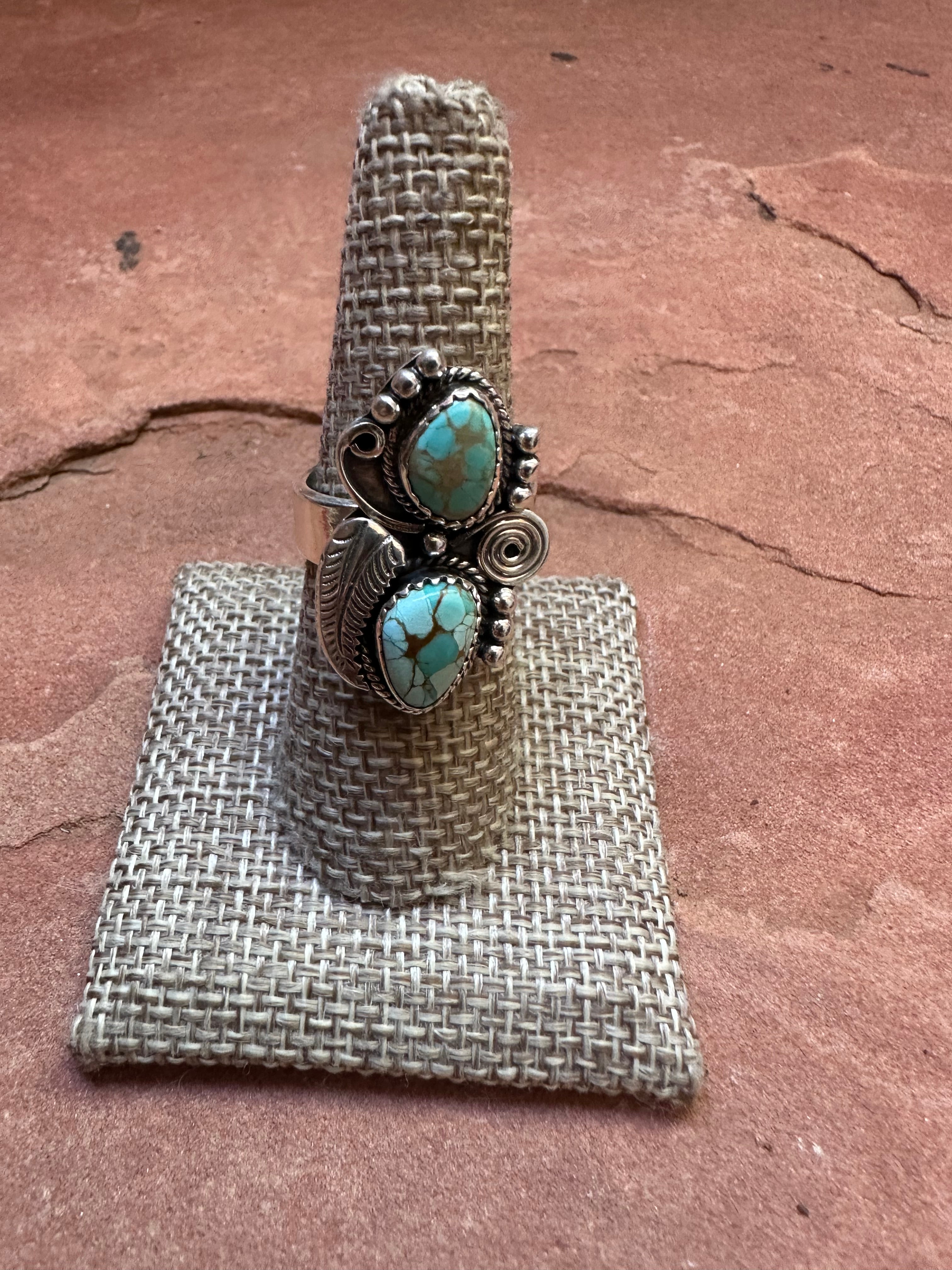 Handmade Turquoise & Sterling Silver Adjustable Feather Ring Signed Nizhoni