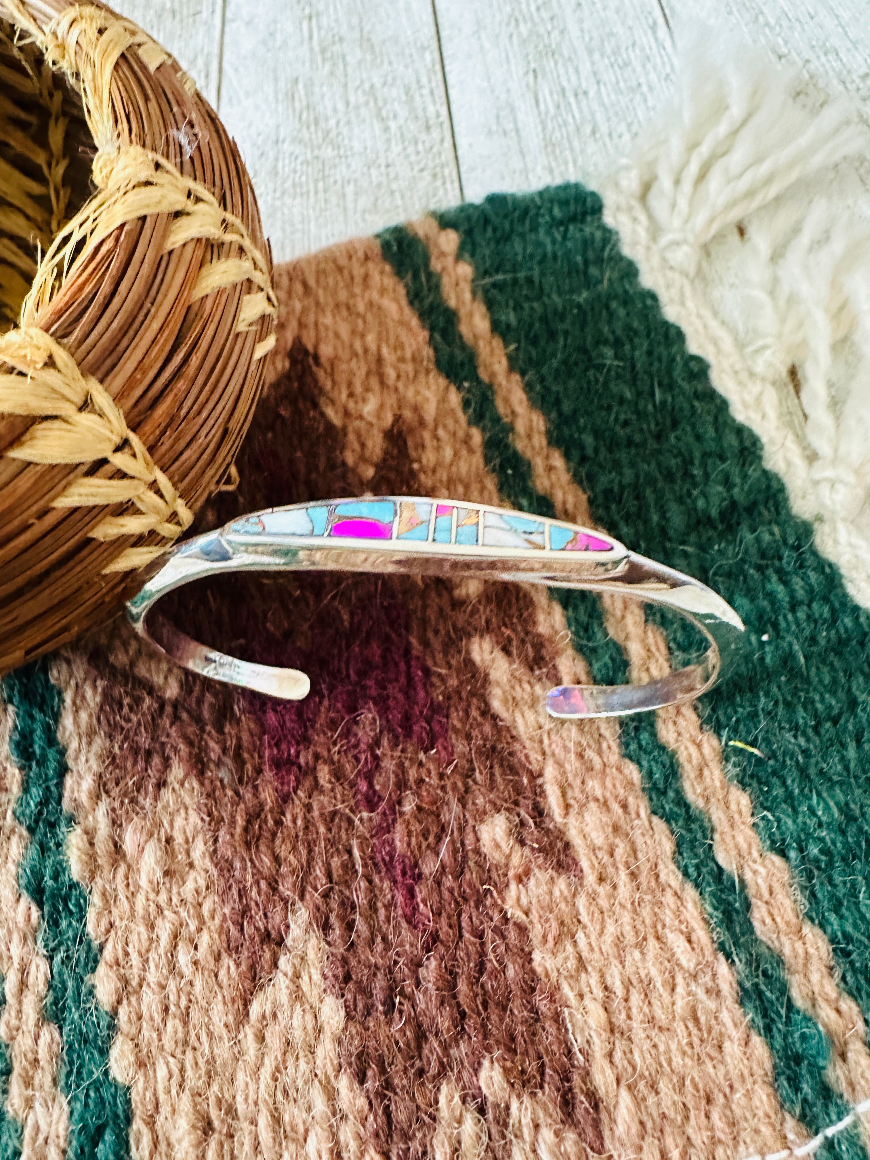Handcrafted Cotton Candy & Sterling Silver Inlay Cuff Bracelet