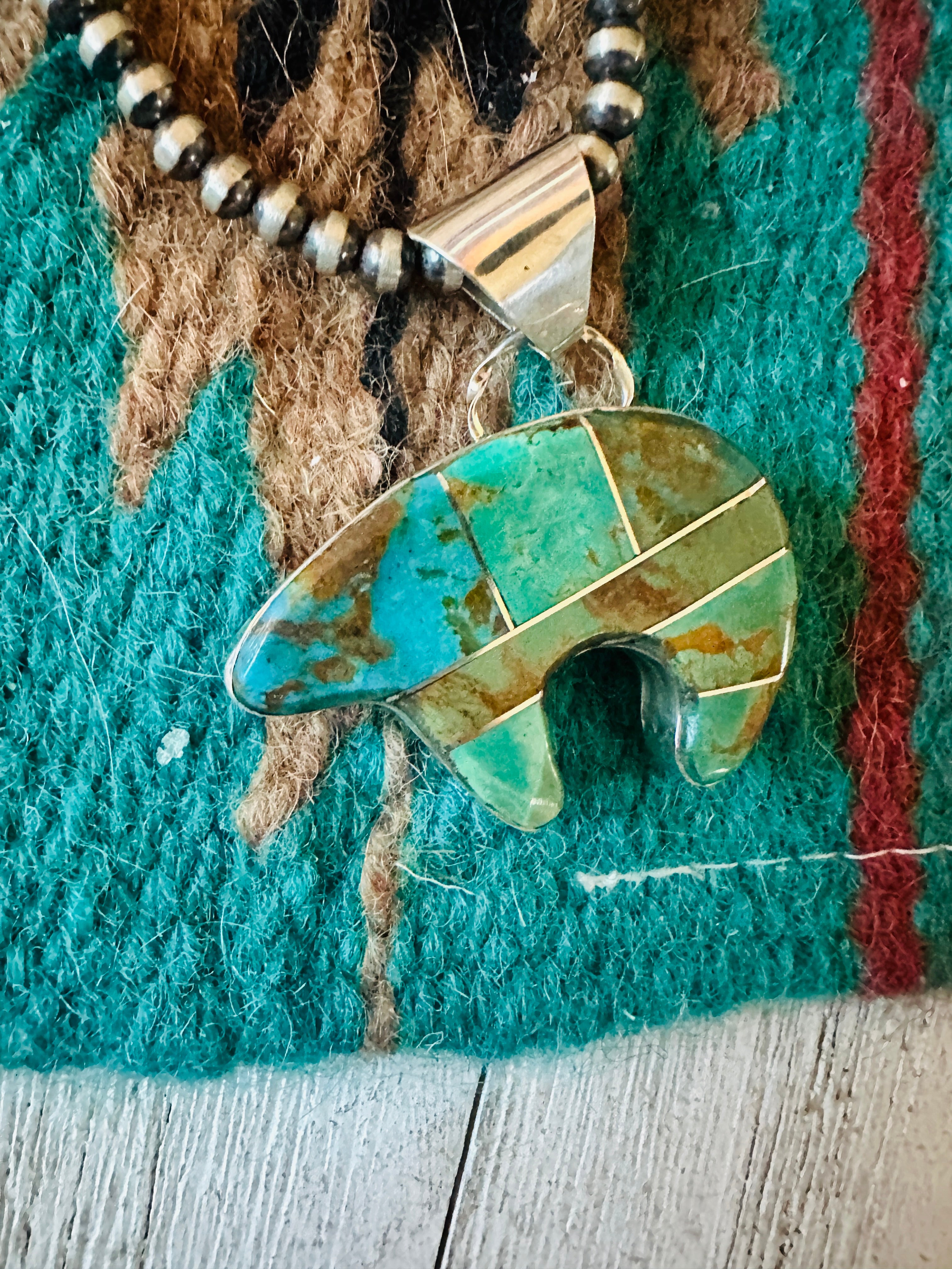 Navajo Turquoise & Sterling Silver Inlay Fetish Bear Pendant