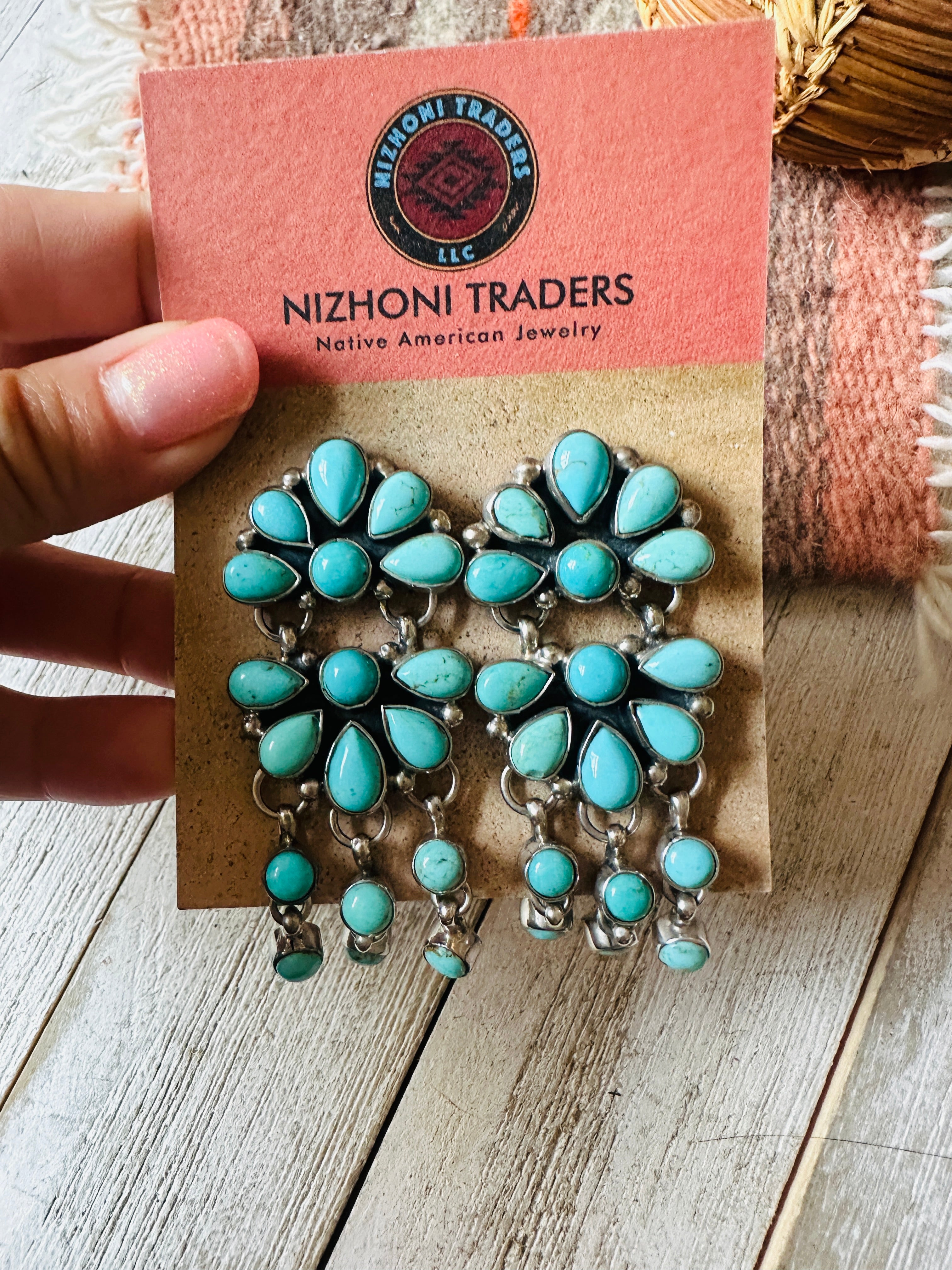 Navajo Turquoise & Sterling Silver Cluster Dangle Earrings