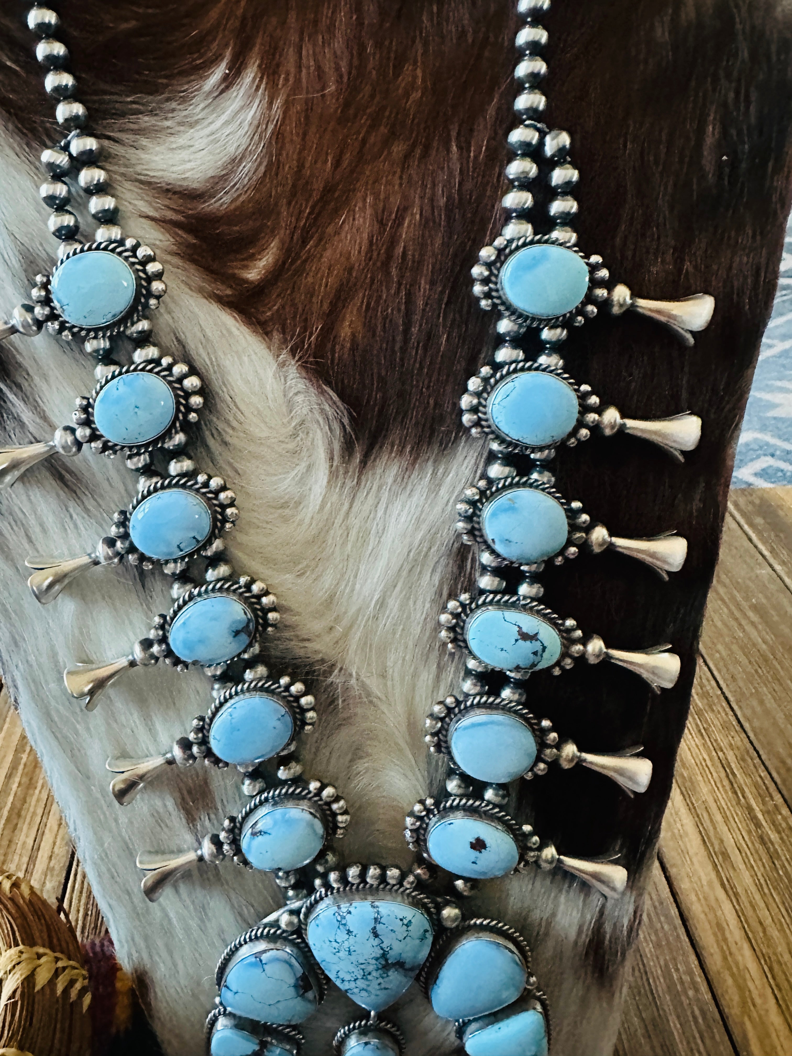 Handcrafted Golden Hills Turquoise & Sterling Silver Beaded Squash Blossom Necklace and Earring Set by Mary Ann Spencer