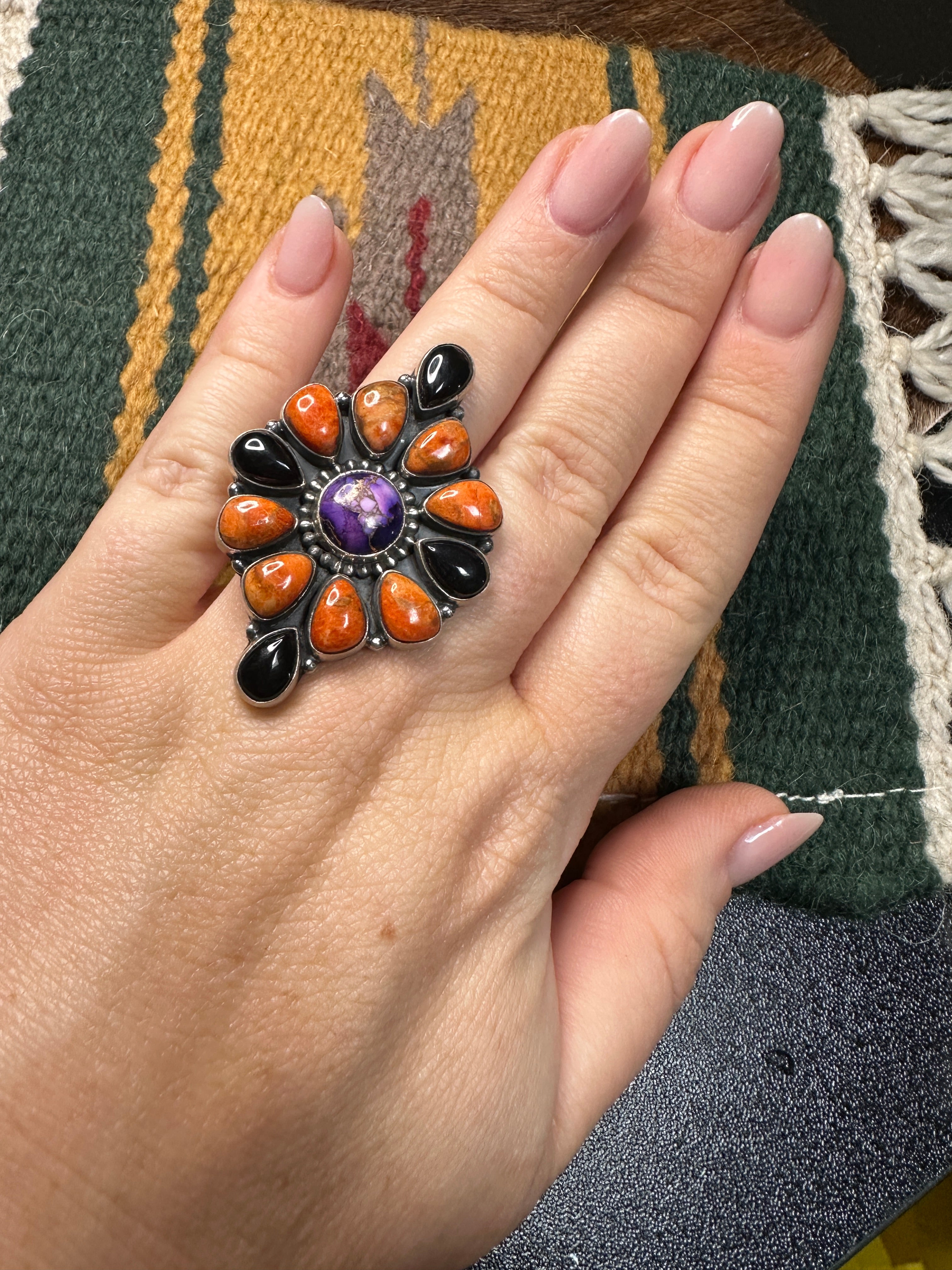 Beautiful Handmade Violet Frost, Orange Mojave, Onyx And Sterling Silver Adjustable Cluster Ring