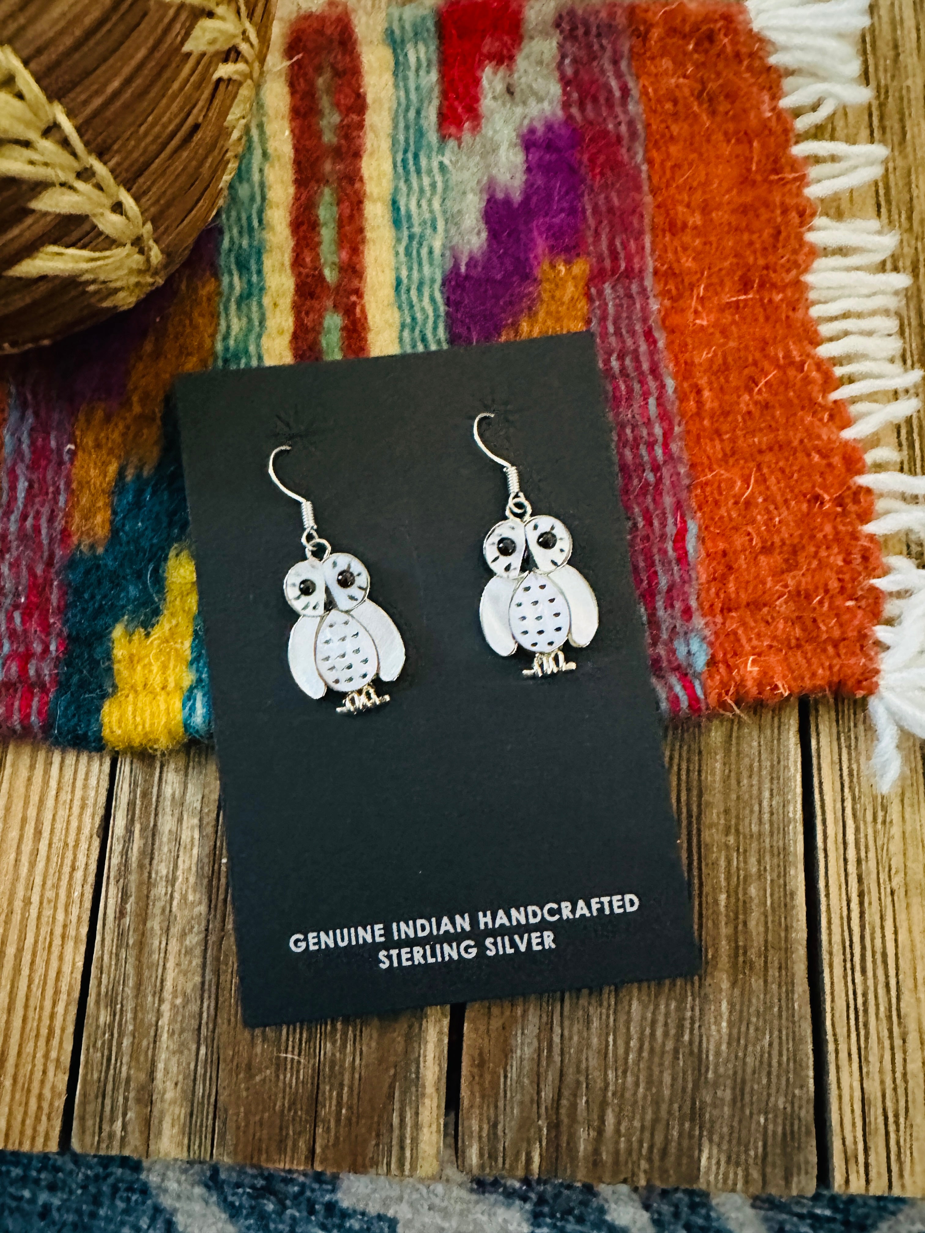 Handcrafted Sterling Silver, Mother of Pearl & Jet Inlay Owl Dangle Earrings