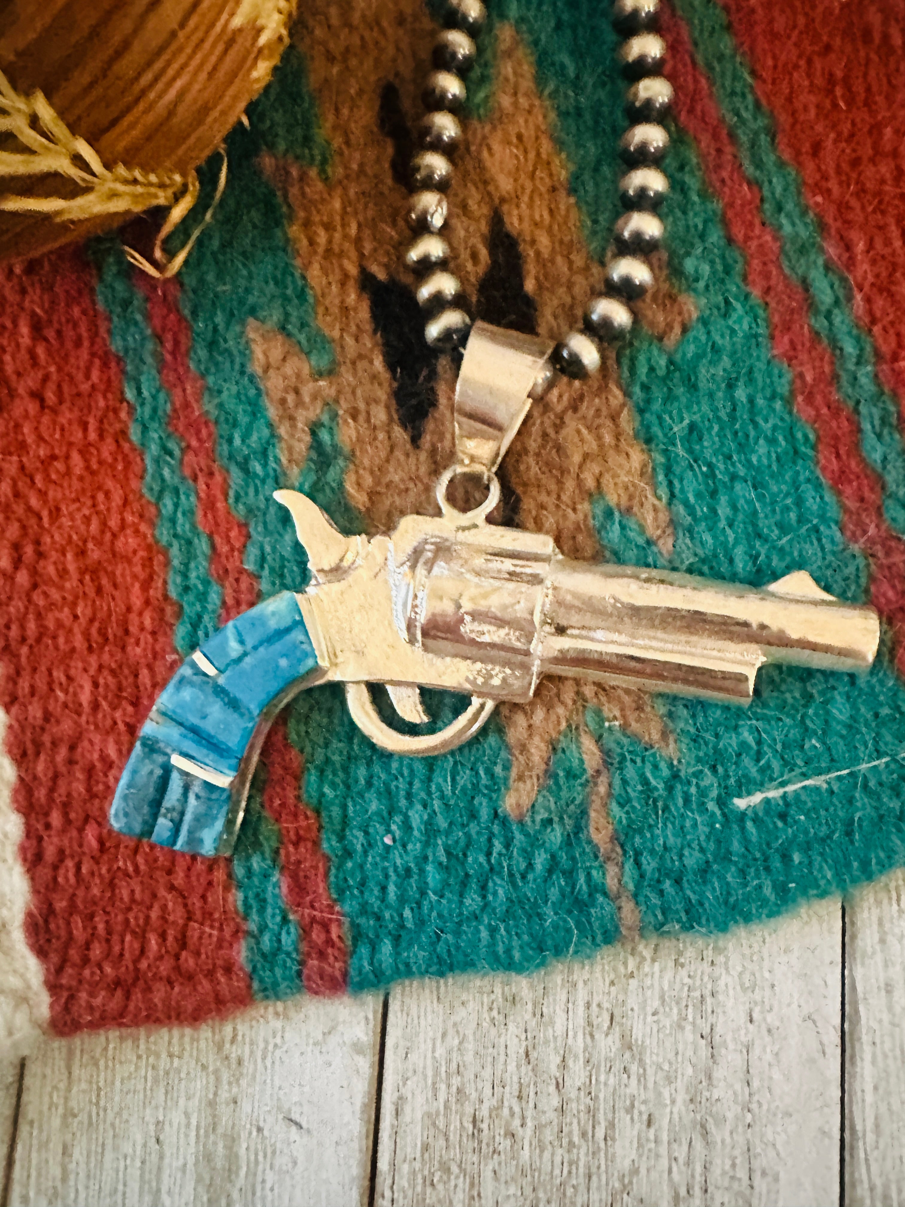 Handcrafted Sterling Silver & Turquoise Inlay Pistol Pendant