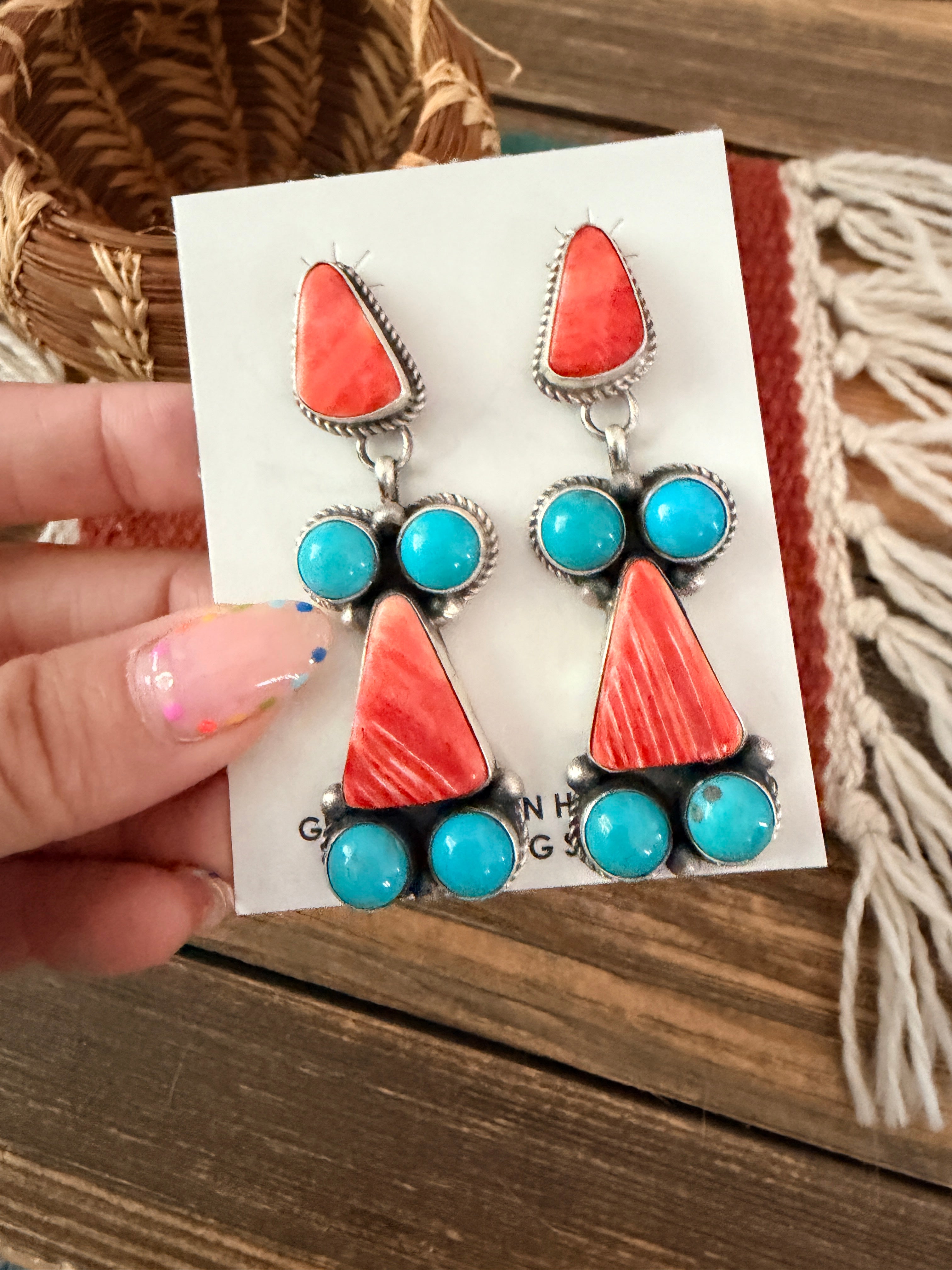Handcrafted Sterling Silver, Turquoise & Spiny Oyster Dangle Earrings