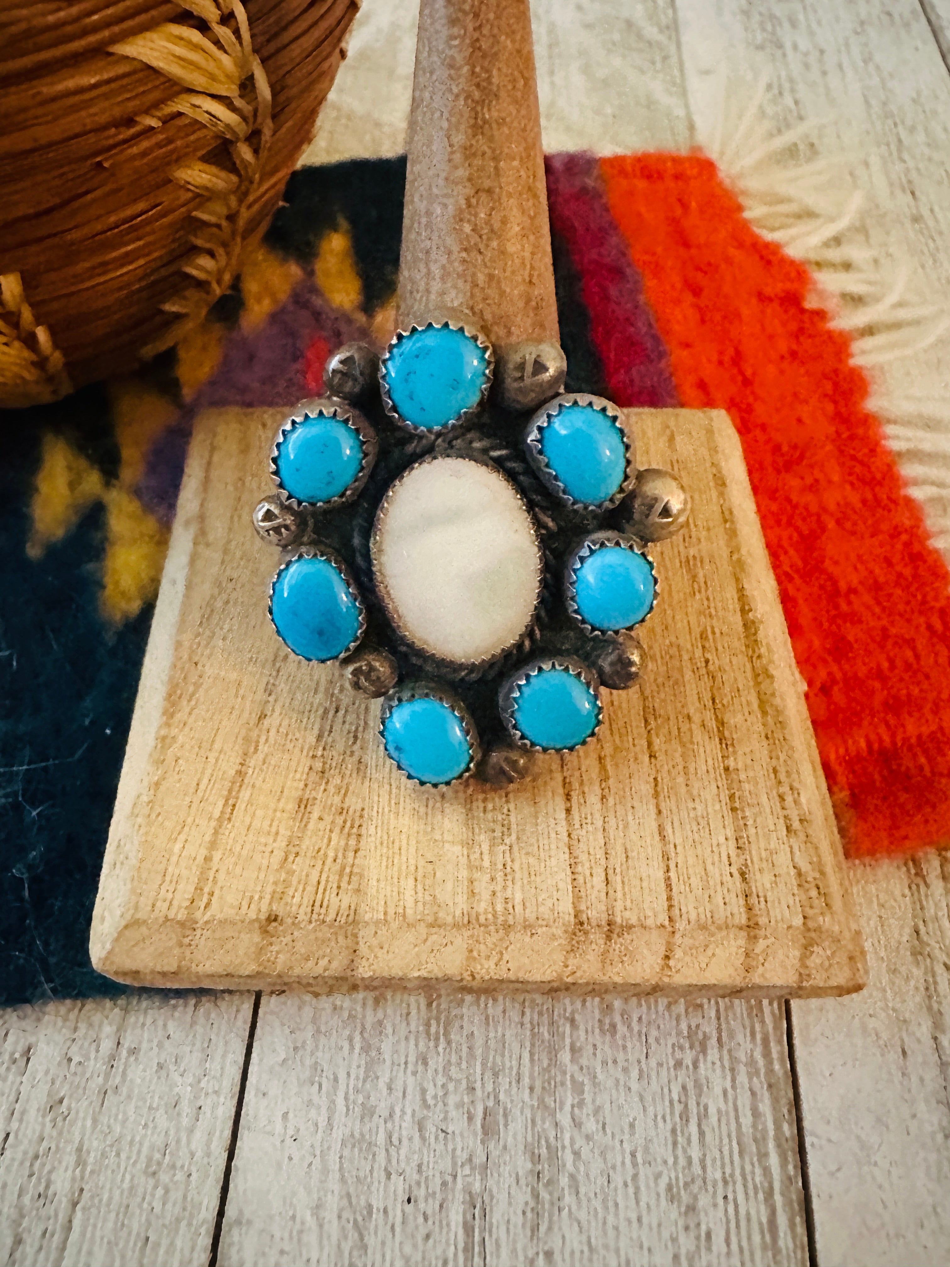 Navajo Sterling Silver, Turquoise & Mother of Pearl Cluster Ring Size 9.5