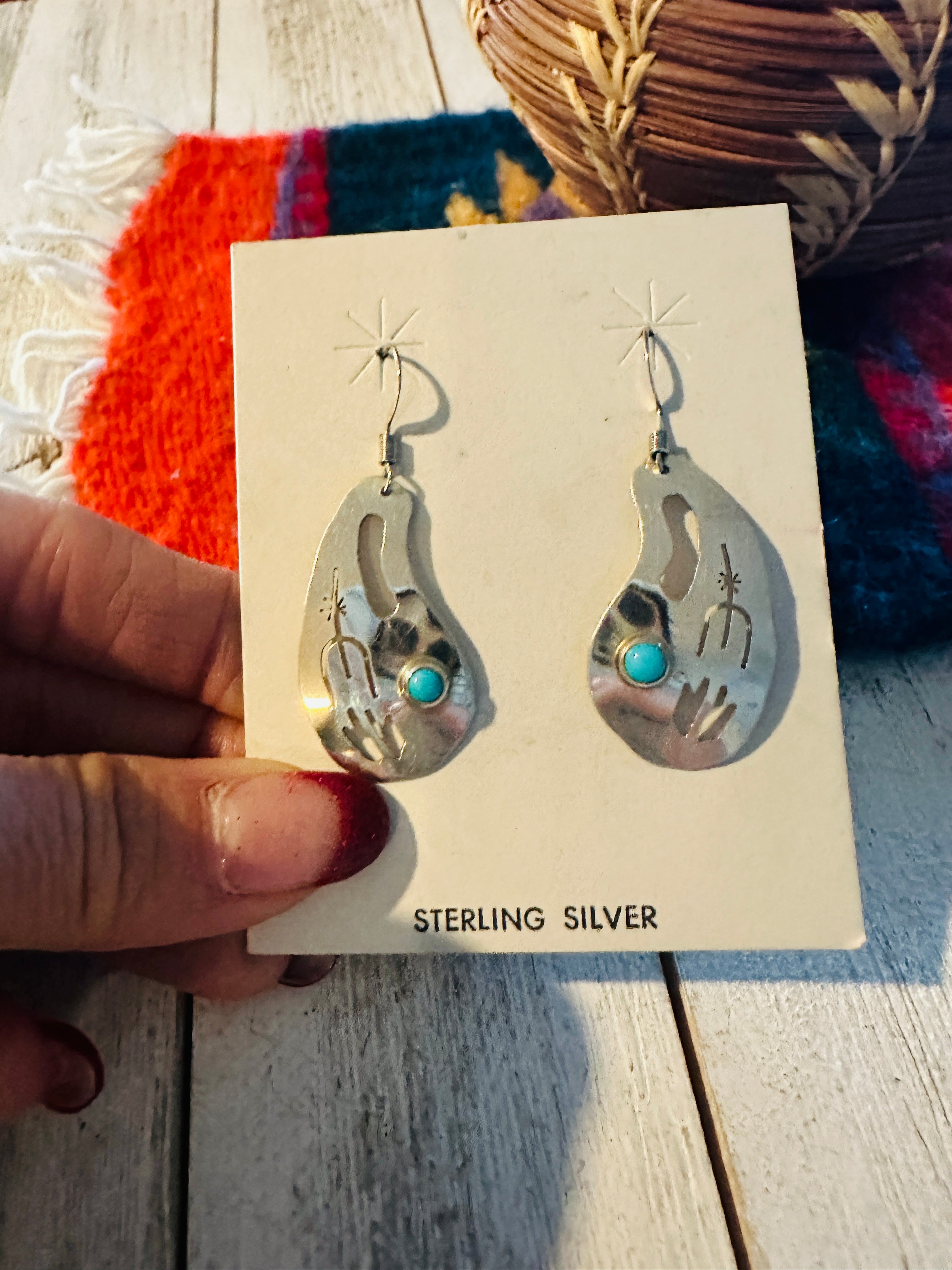 Navajo Hand Stamped Sterling Silver & Turquoise Dangle Earrings