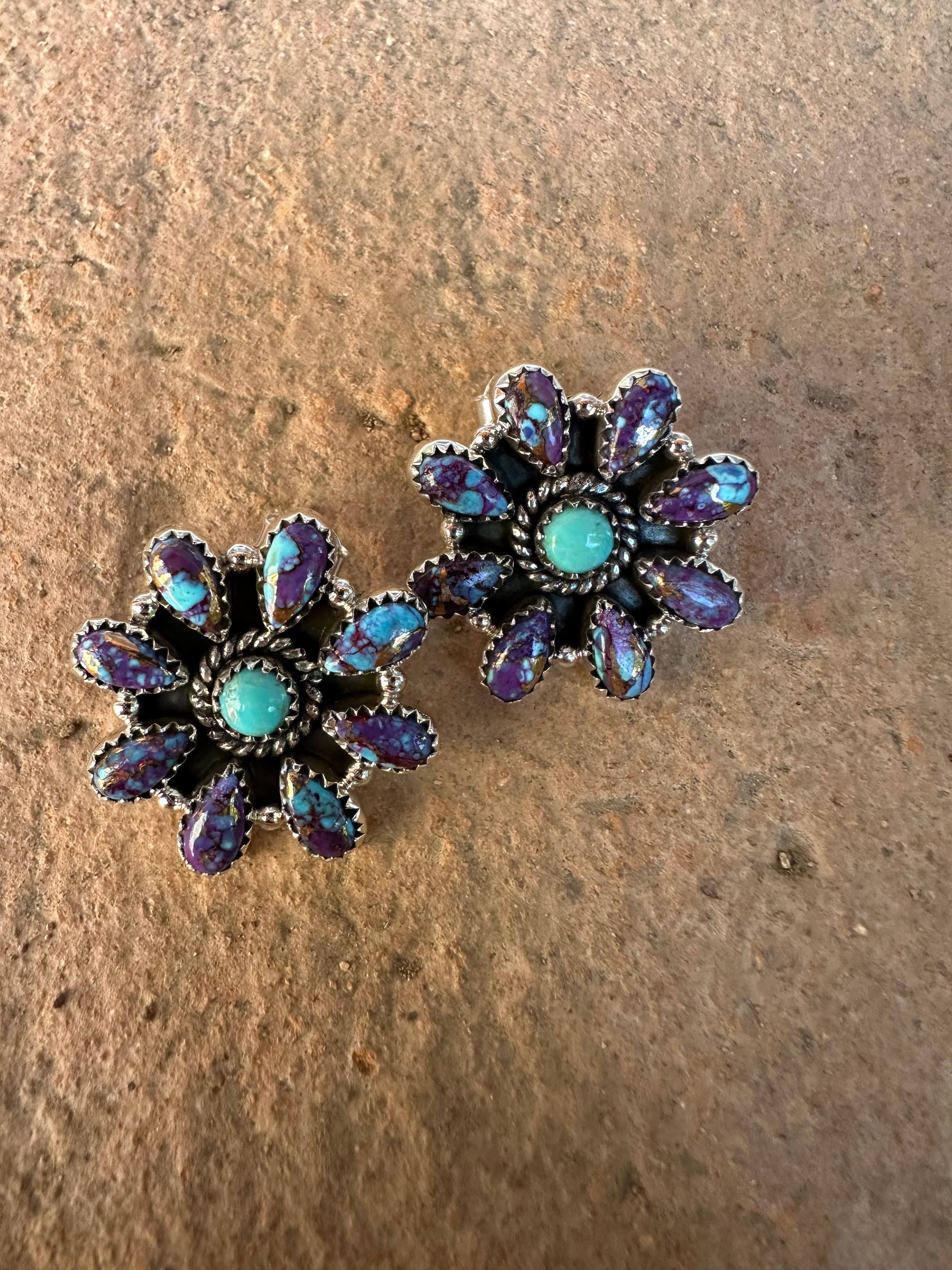 Handmade Sterling Silver, Purple Dream Mojave, Turquoise Post Cluster Earrings Signed Nizhoni