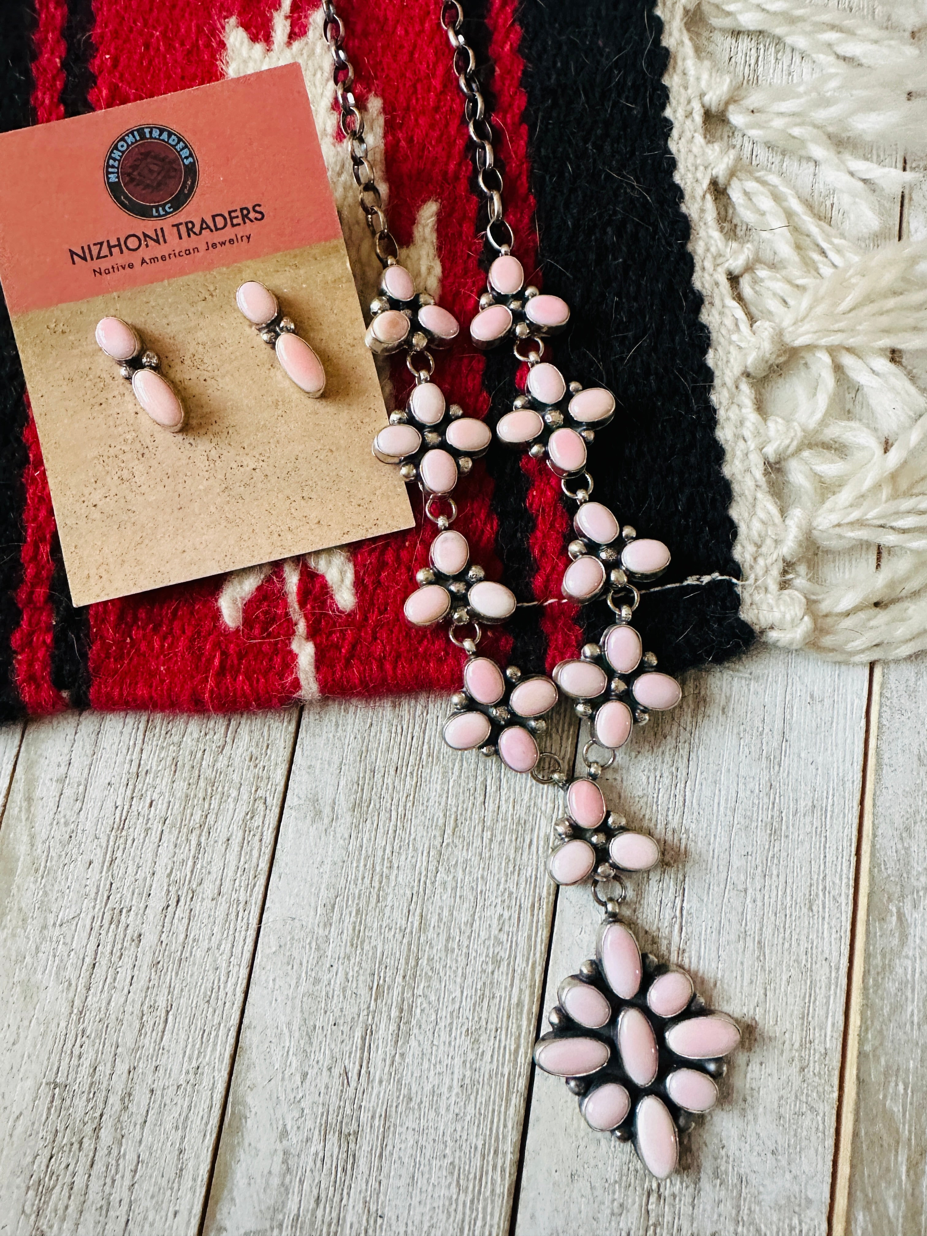 Navajo Queen Pink Conch & Sterling Silver Cluster Necklace Set