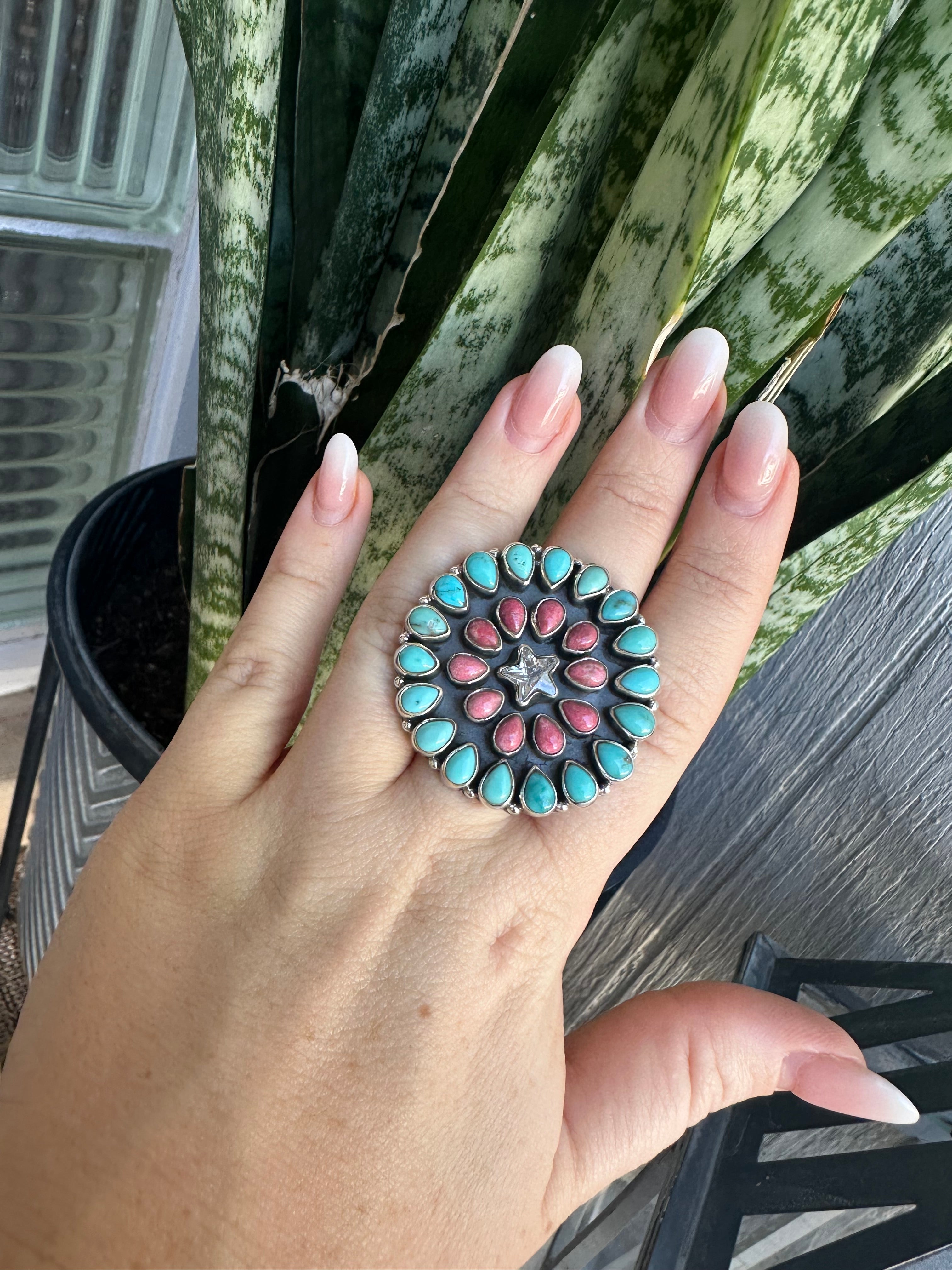 Beautiful Handmade Rhodonite, Turquoise, Cz And Sterling Silver Adjustable Star Ring