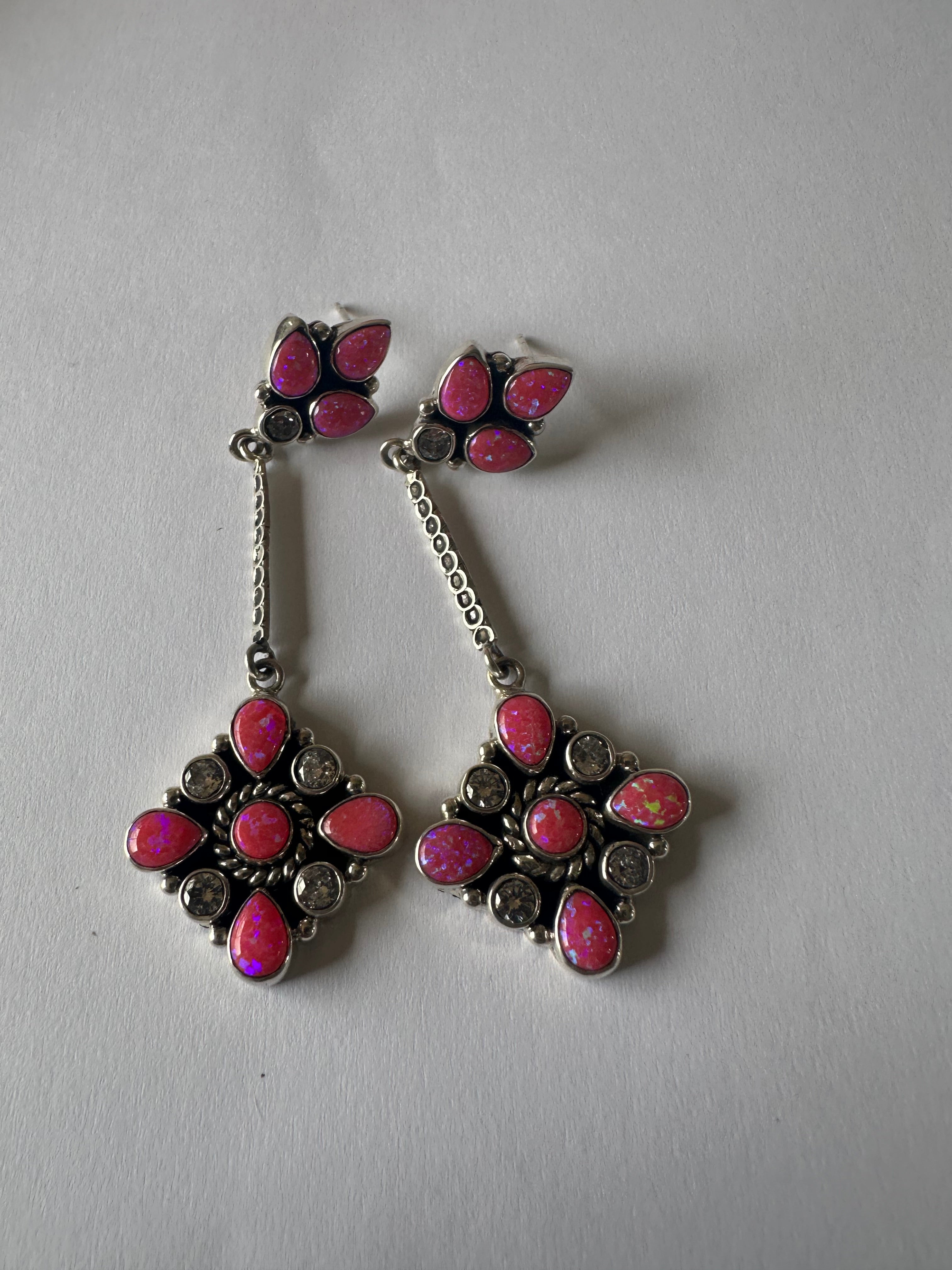 Santa Fe Handmade Hot Pink Fire Opal, CZ and Sterling Silver Dangles