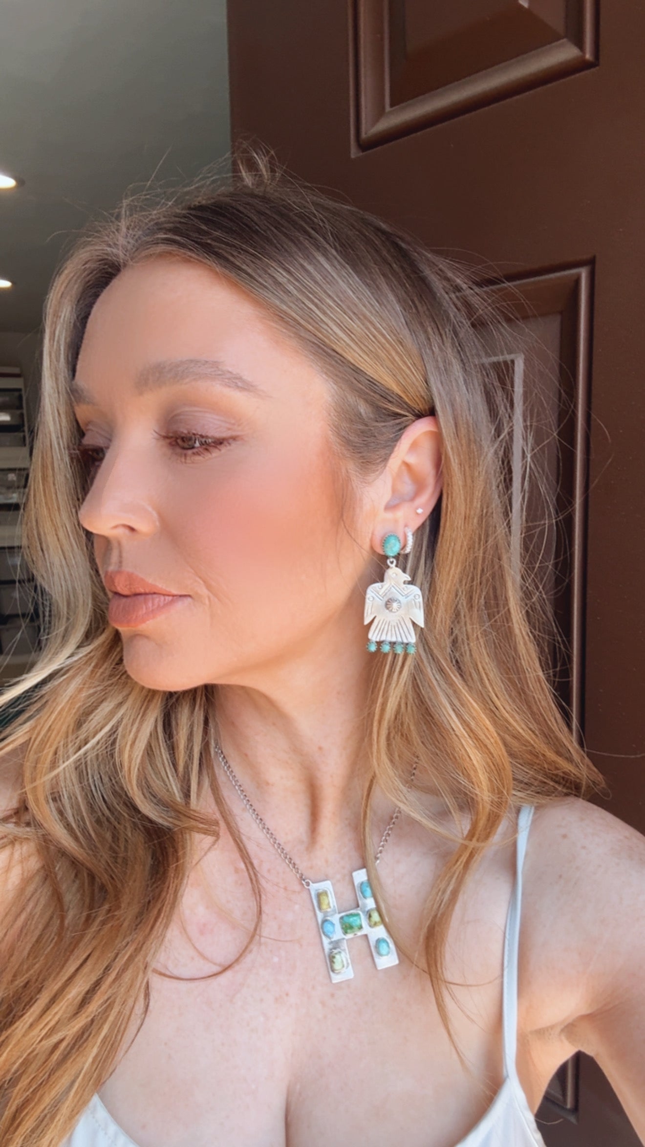 Handmade Sterling Silver Kingman Turquoise Thunder Bird Post Dangle Earrings with Signed Nizhoni