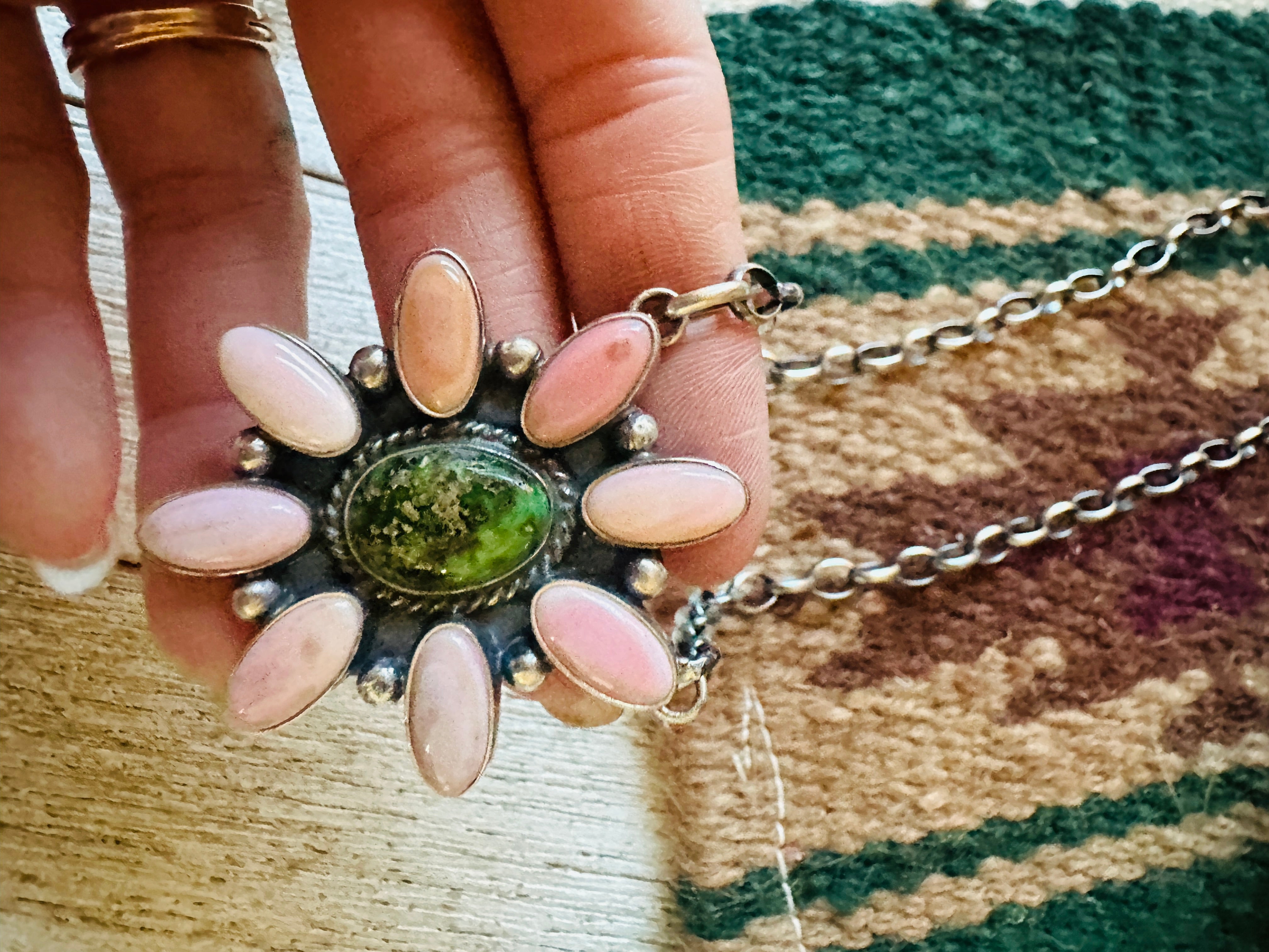 Navajo Sterling Silver, Queen Pink Conch Shell & Turquoise Necklace