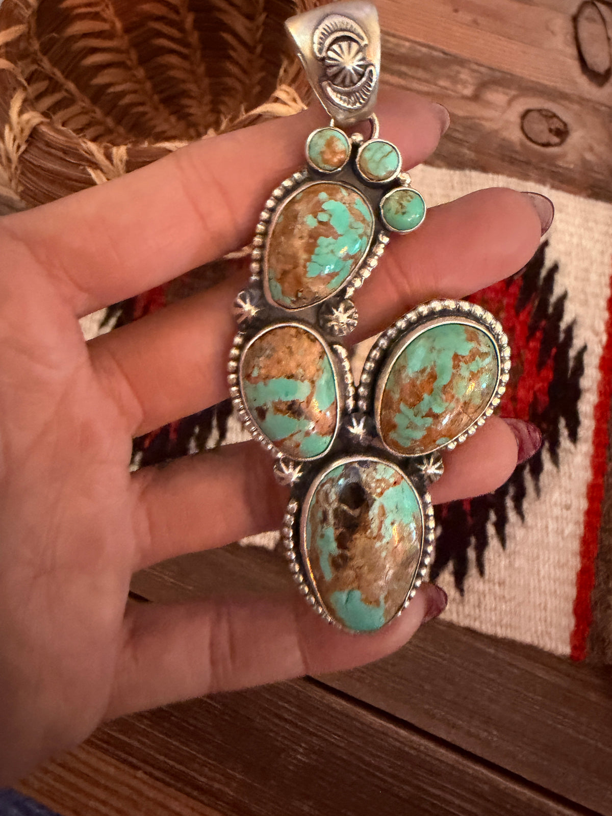 Handcrafted Sterling Silver & Number 8 Turquoise Cactus Pendant by Larry Kaye