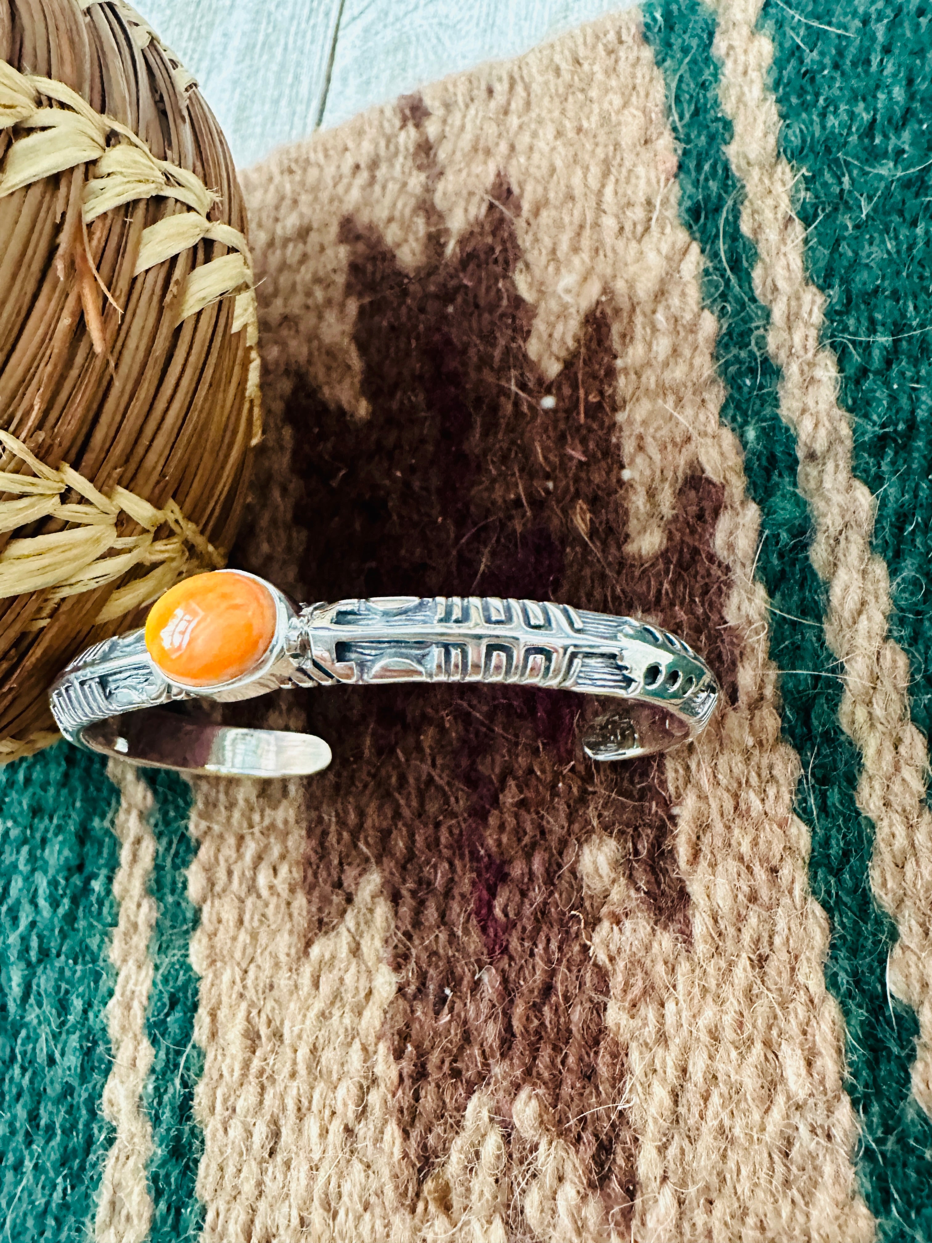 Navajo Sterling Silver & Orange Spiny Cuff Bracelet