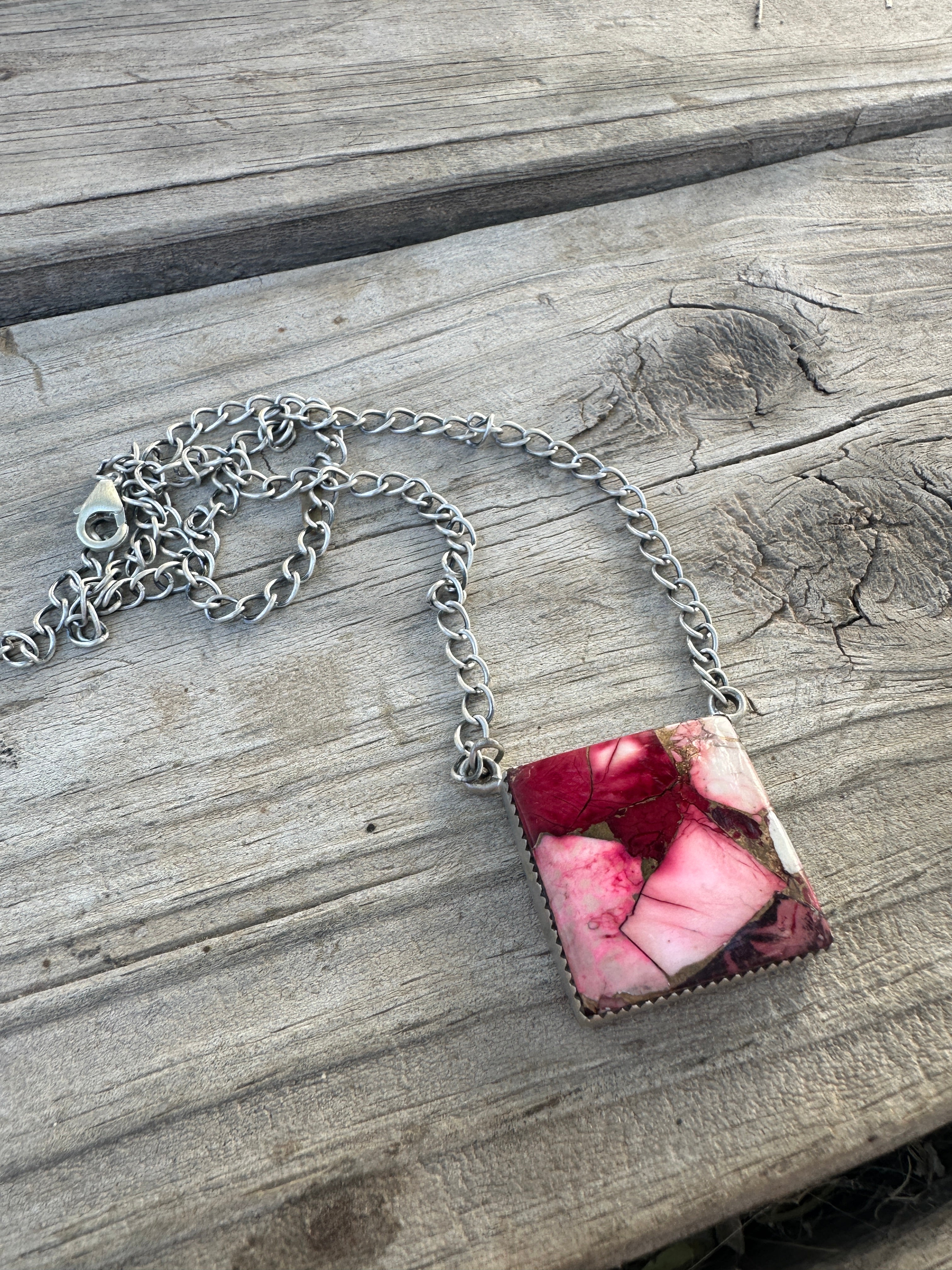 Beautiful Handmade Sterling Silver Single Stone Dahlia Rose Square Necklace