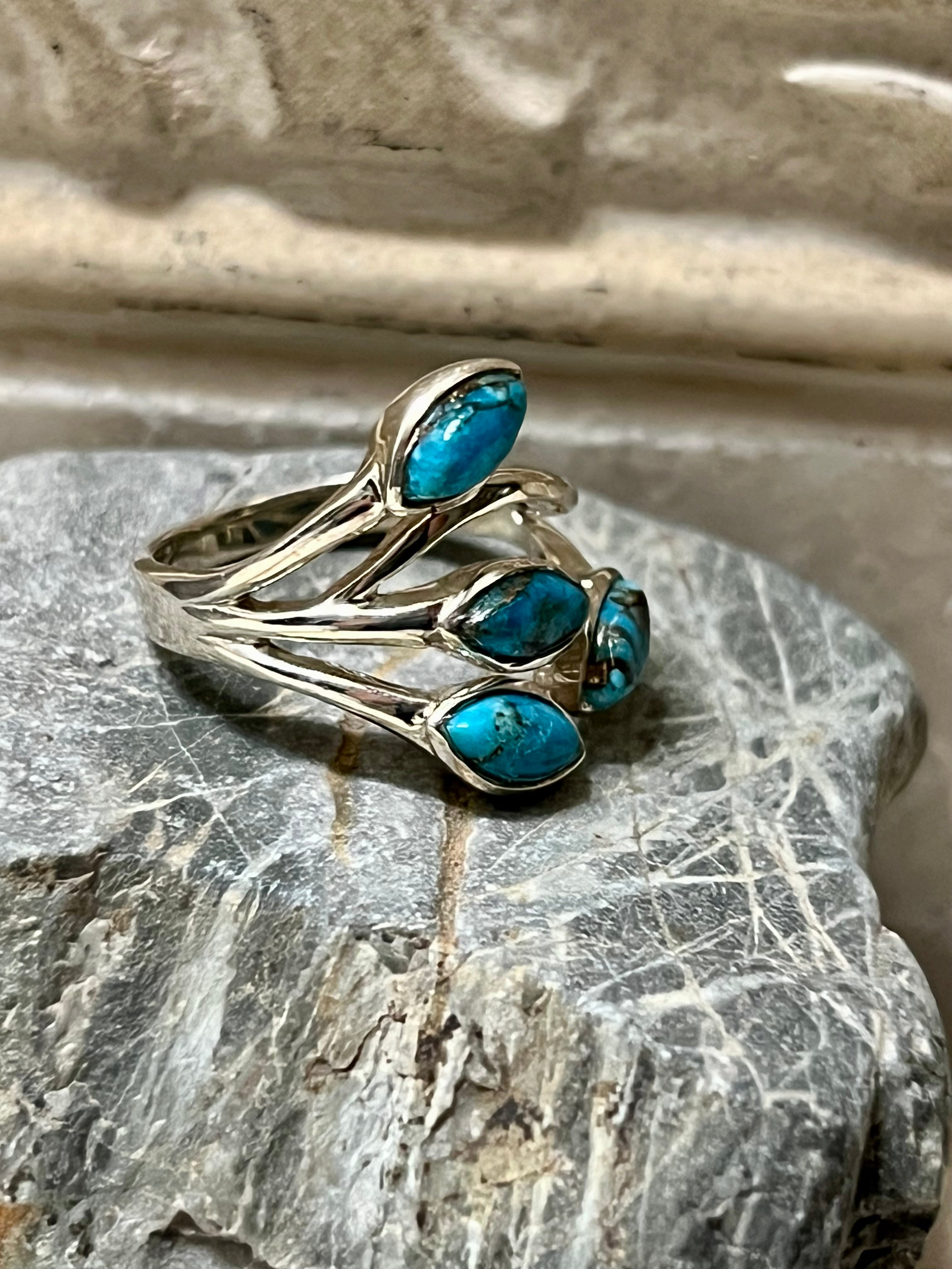 Four Stone Blue Copper Turquoise Sterling Silver Ring Size 9