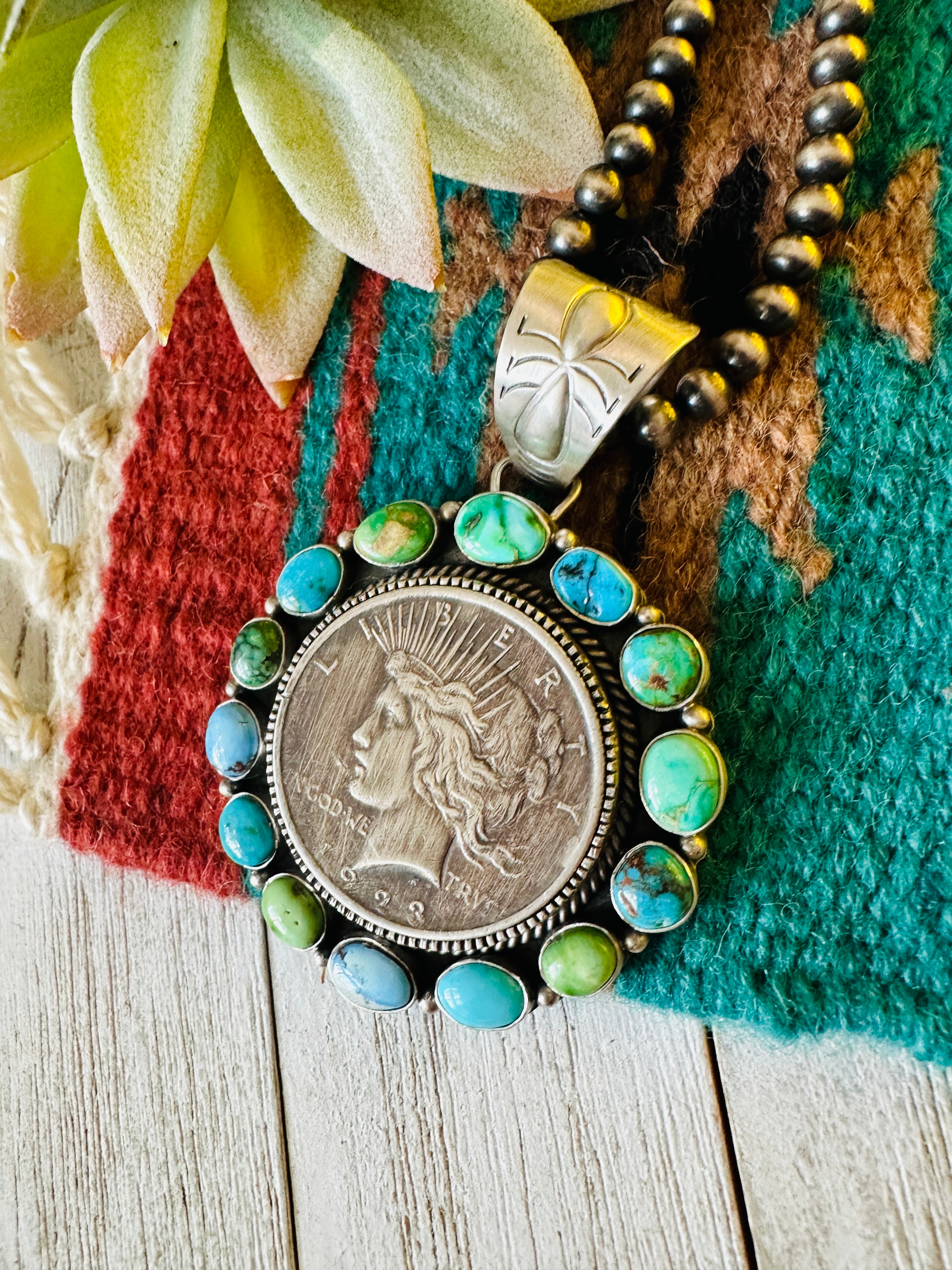 Navajo Sterling Silver & Turquoise Liberty Coin Pendant