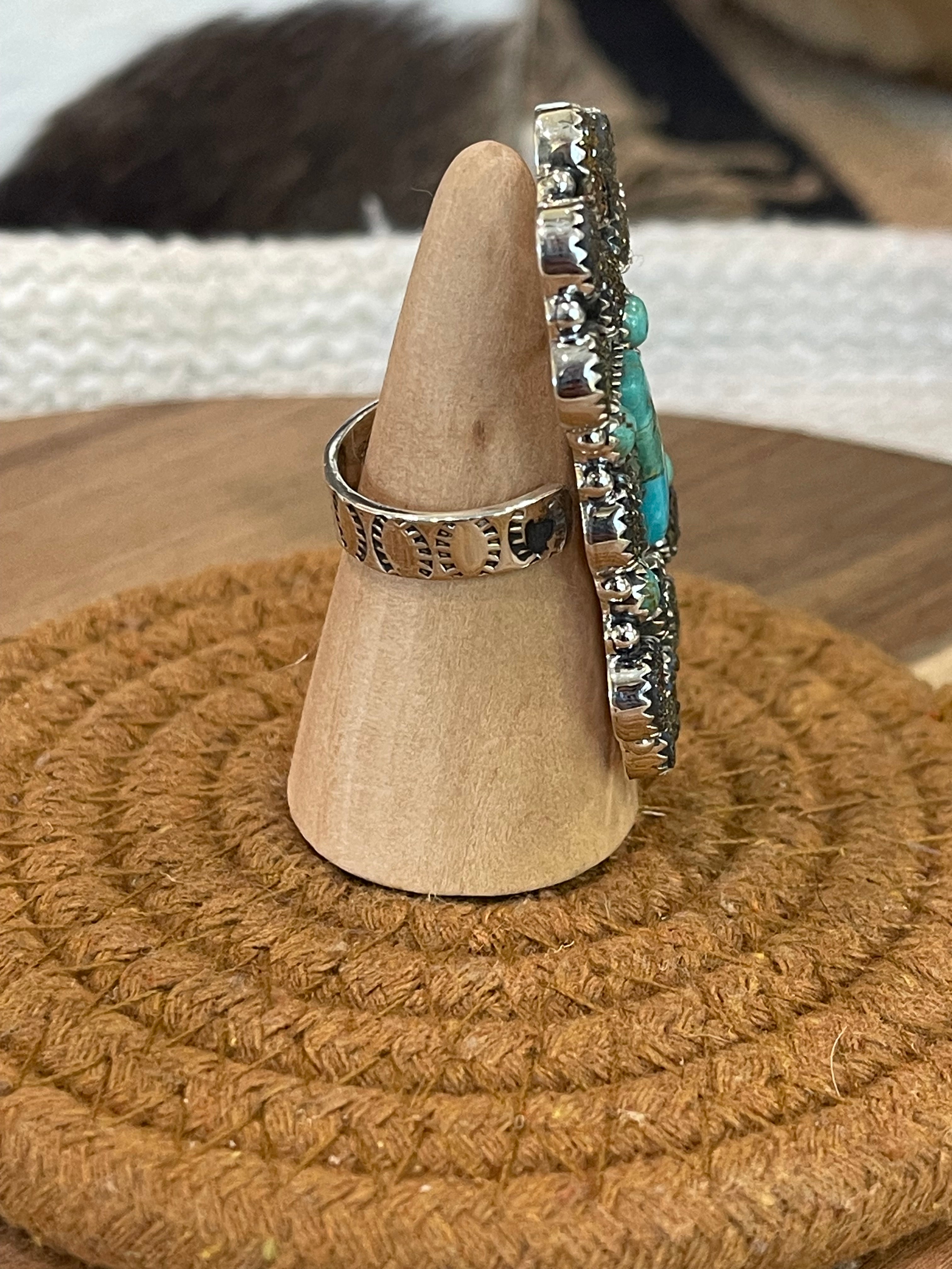 Handcrafted Sterling Silver, Kingman Turquoise & Druzy Adjustable Cluster Ring