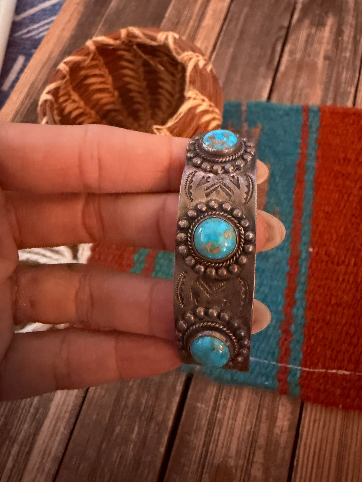 Handcrafted Old Pawn Sterling Silver & Turquoise Cuff Bracelet