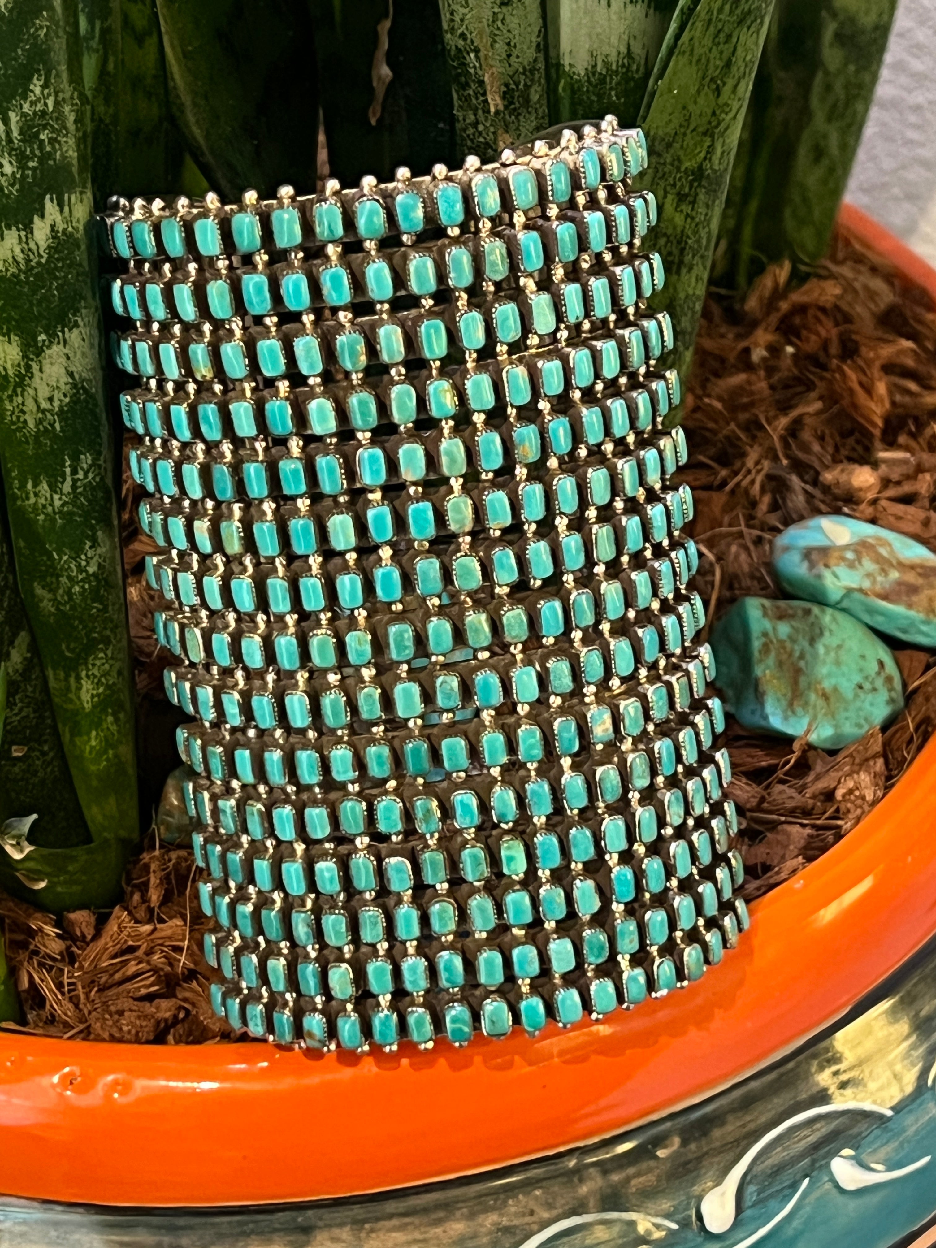 Handcrafted Epic Made 15 Row Sterling Silver and Turquoise Gauntlet Style Cuff Bracelet /