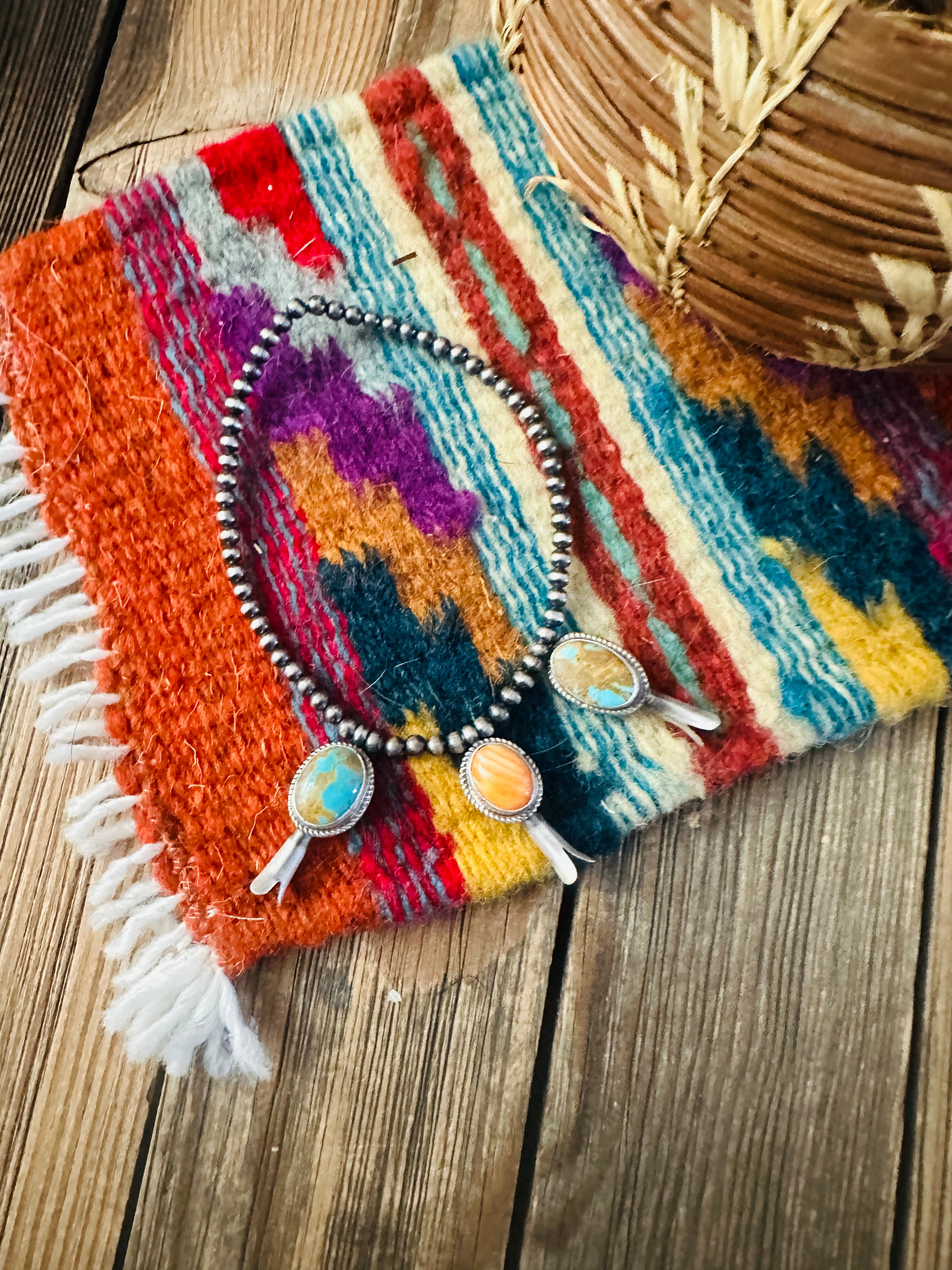 Handcrafted 3mm Sterling Silver Pearl, Turquoise & Spiny Oyster Blossom Stretch Bracelet