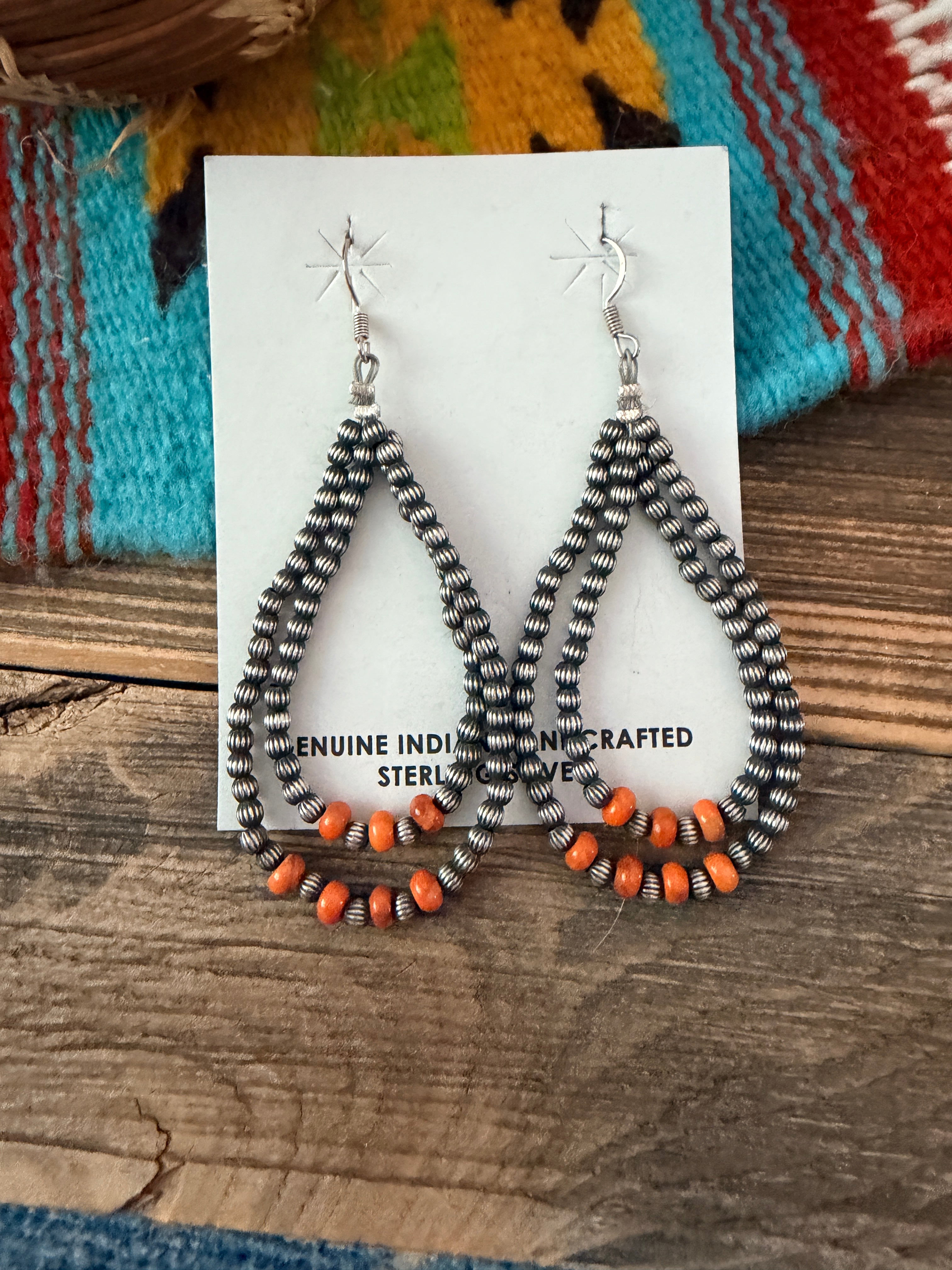 Handcrafted Sterling Silver Melon Bead & Spiny Oyster Dangle Hoop Earrings