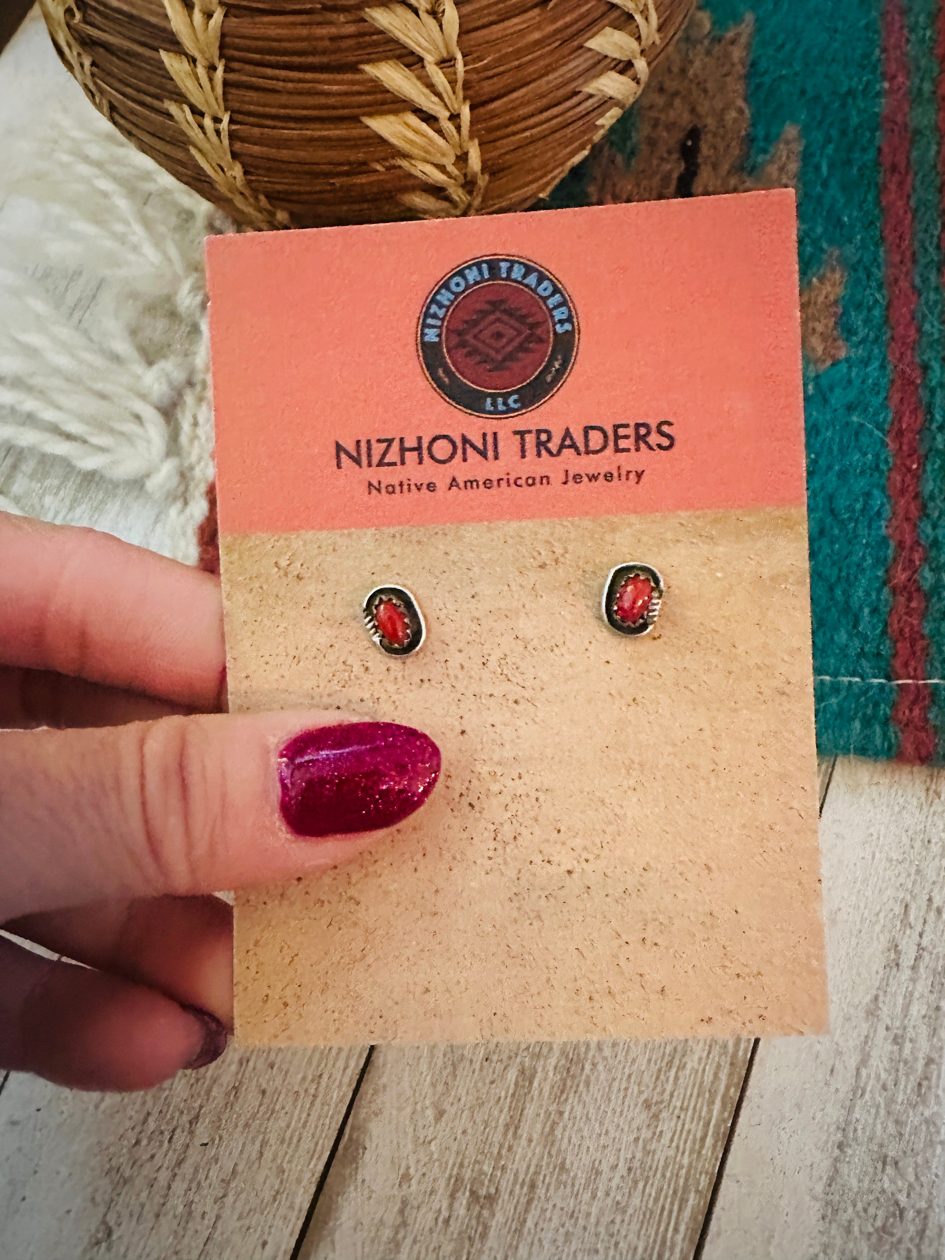 Navajo Coral and Sterling Silver Shadowbox Stud Earrings