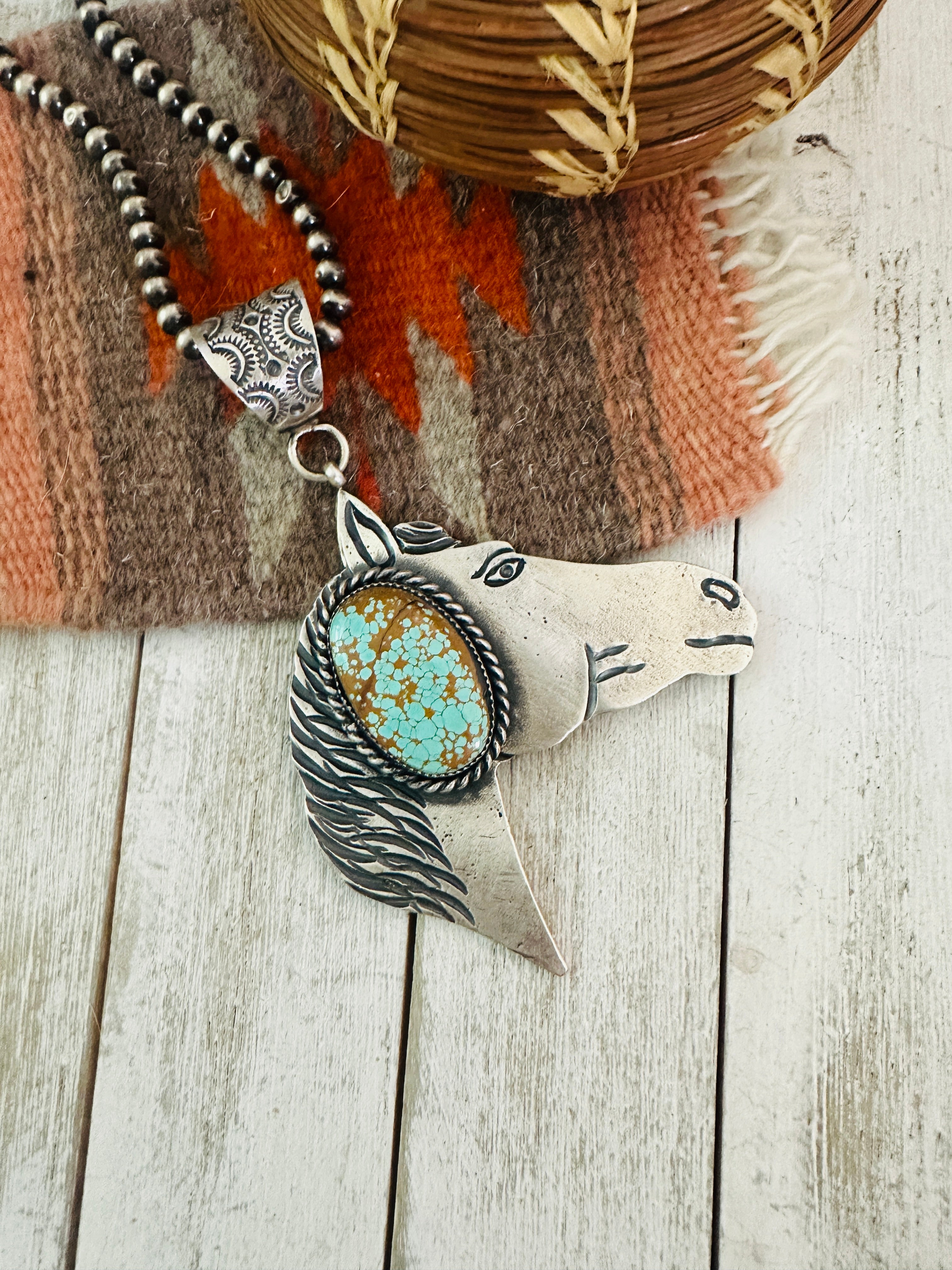 Navajo Turquoise & Sterling Silver Horse Pendant by Kevin Billah