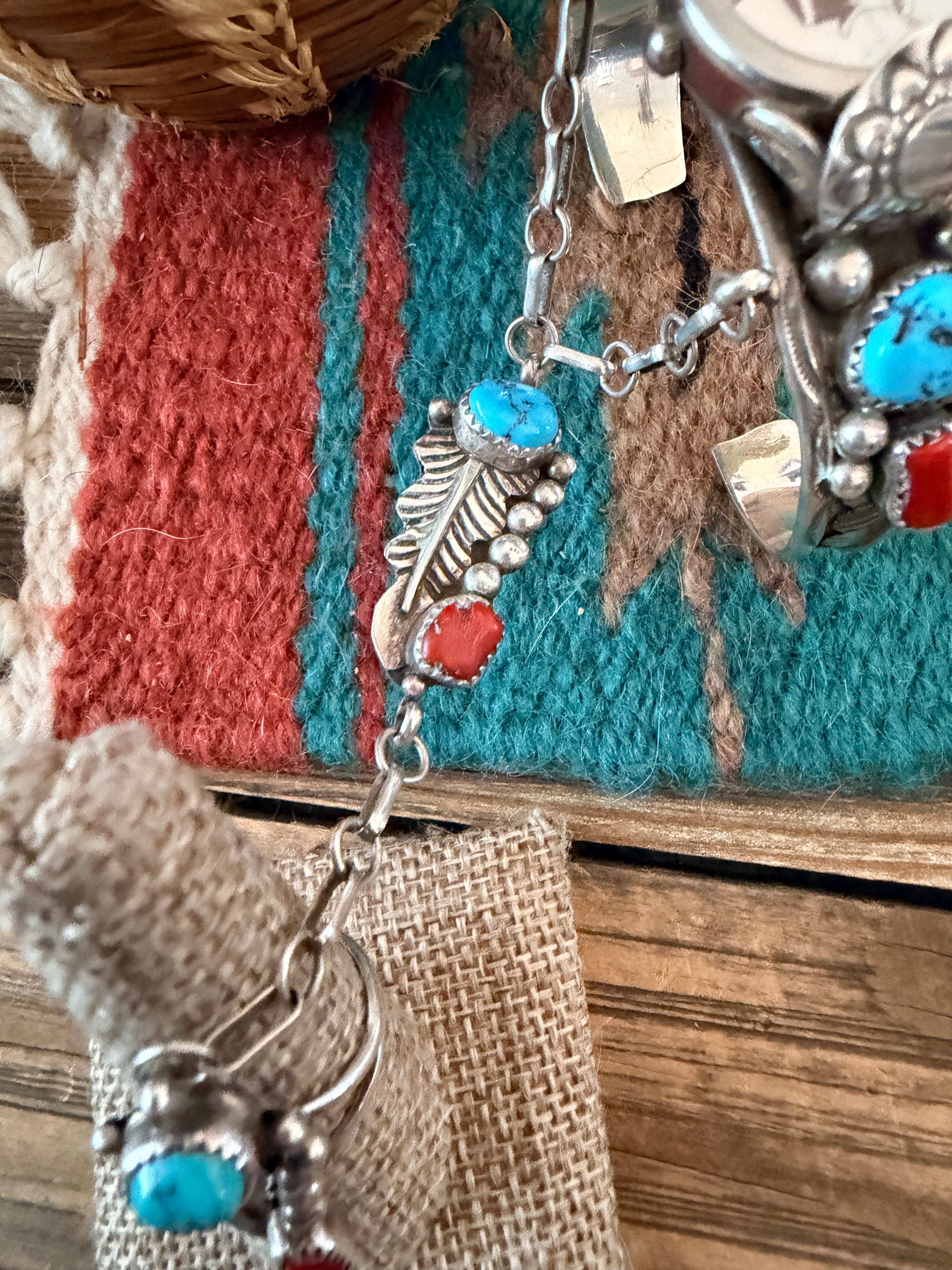 Handcrafted Old Pawn Turquoise, Coral & Sterling Silver Watch Cuff with Hand Chain