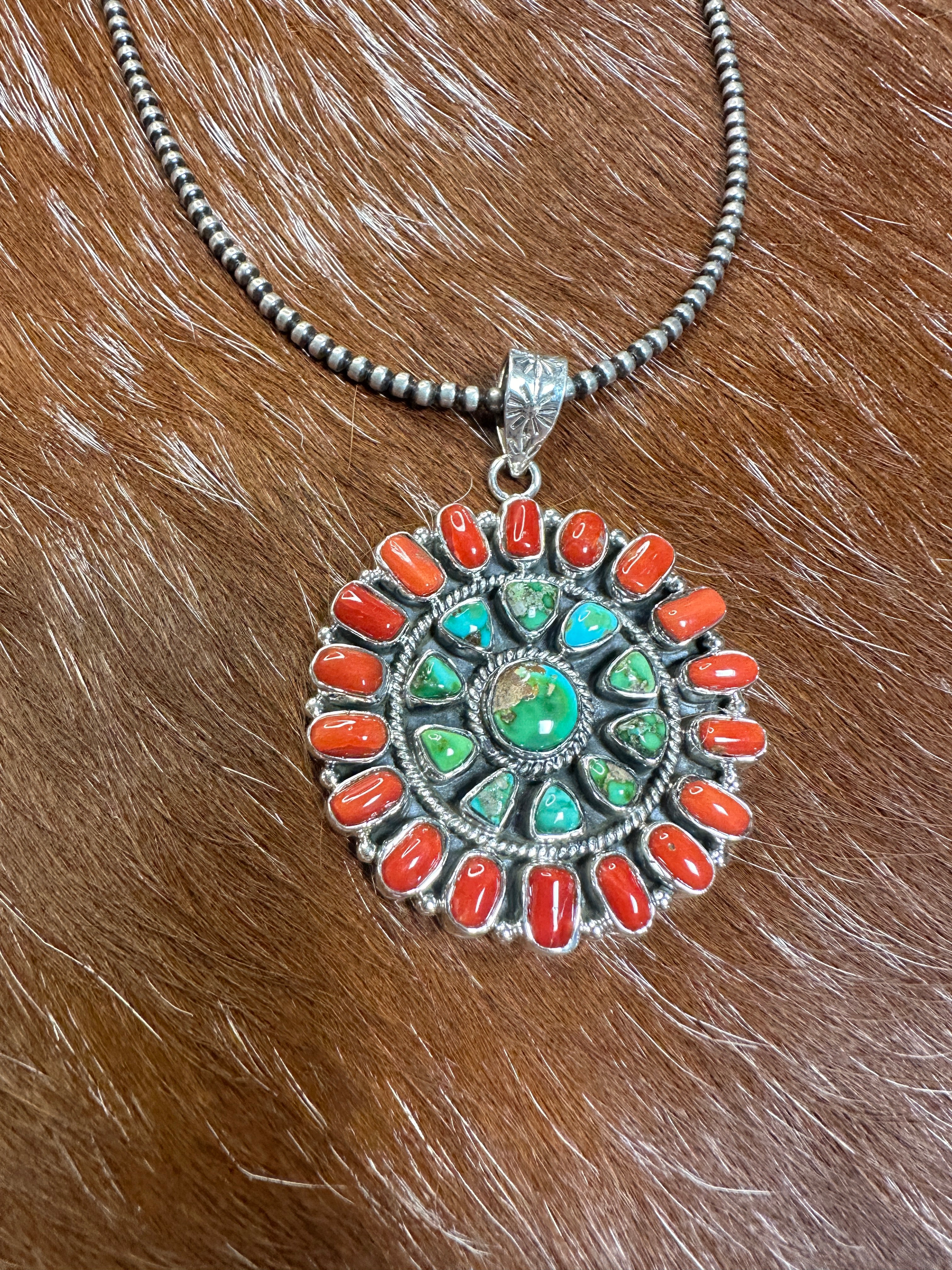 Beautiful Handmade Sterling Silver, Coral & Sonoran Mountain Turquoise Pendant style 1