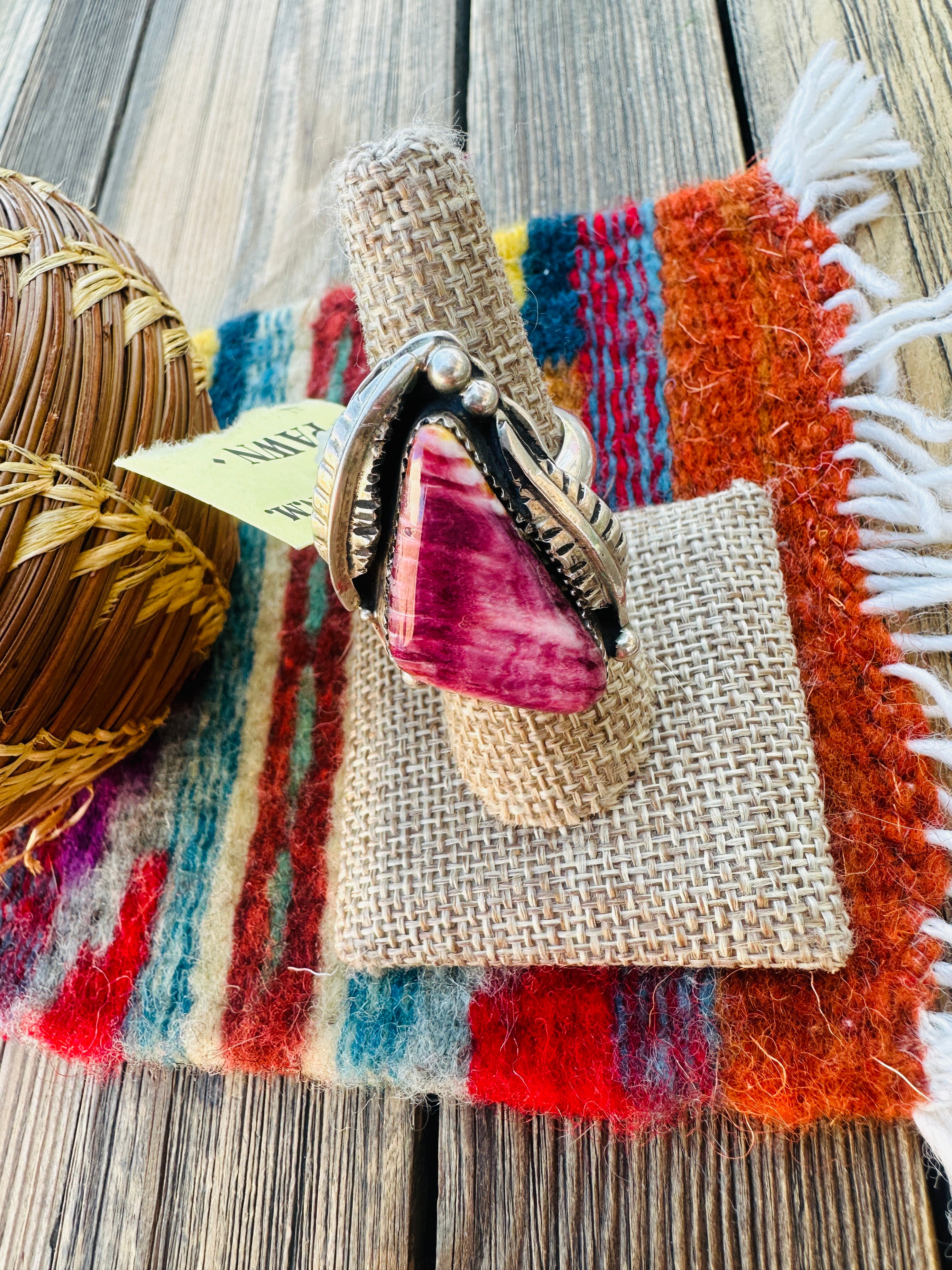 Old Pawn Handcrafted Purple Spiny & Sterling Silver Adjustable Ring