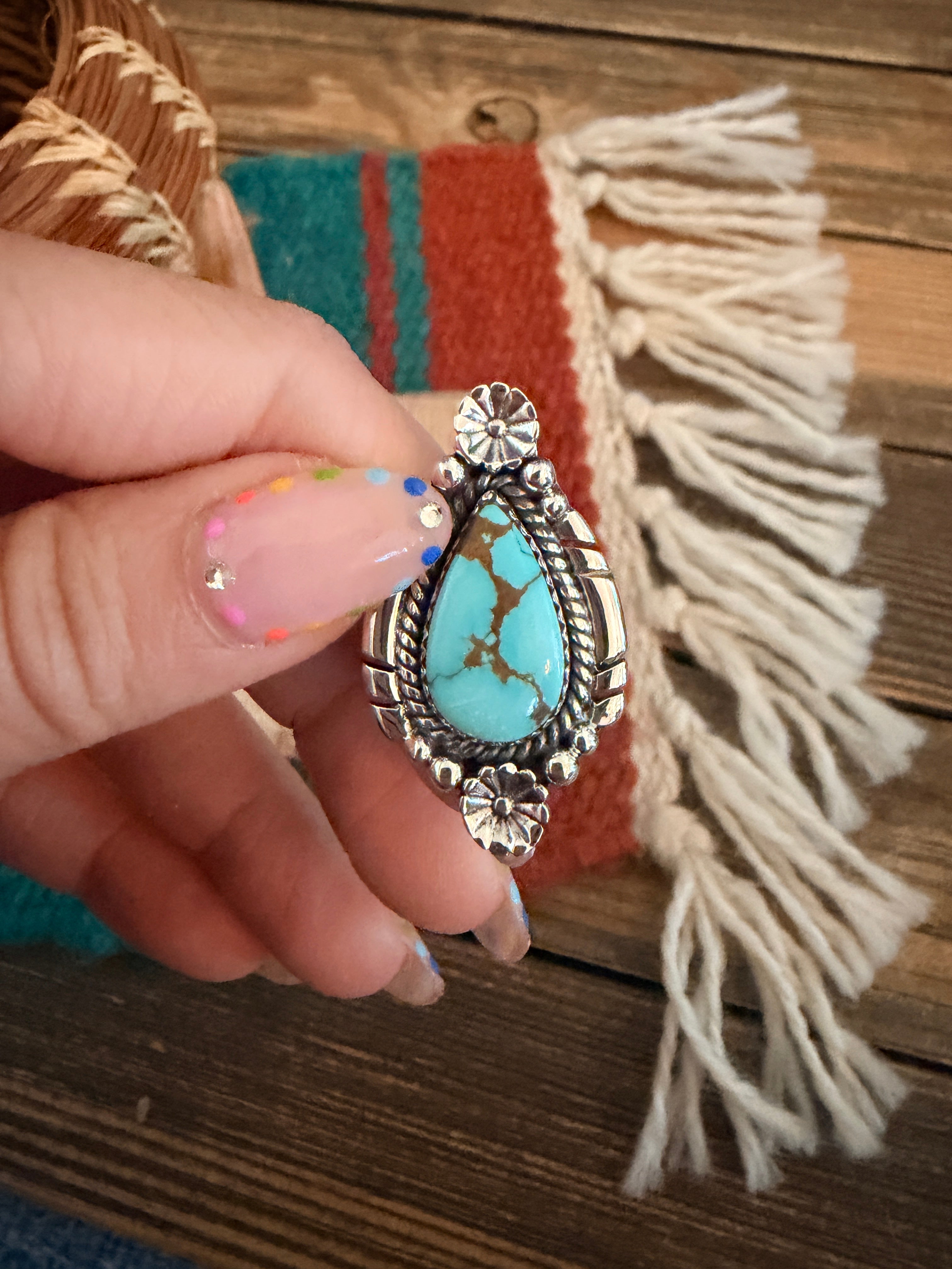 Handmade Sterling Silver Number 8 Turquoise Adjustable Ring Signed Nizhoni