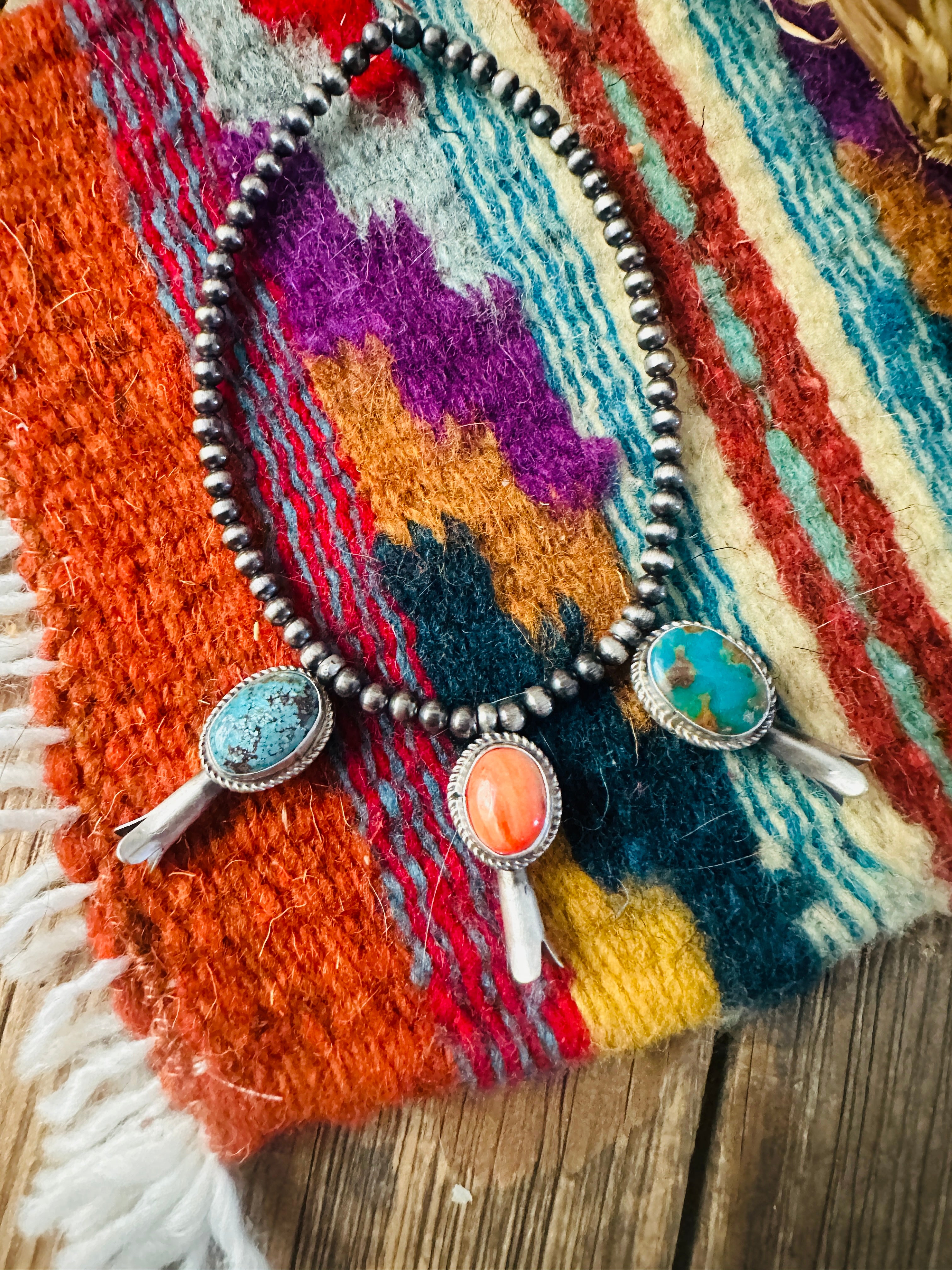 Handcrafted 3mm Sterling Silver Pearl, Turquoise & Spiny Oyster Blossom Stretch Bracelet