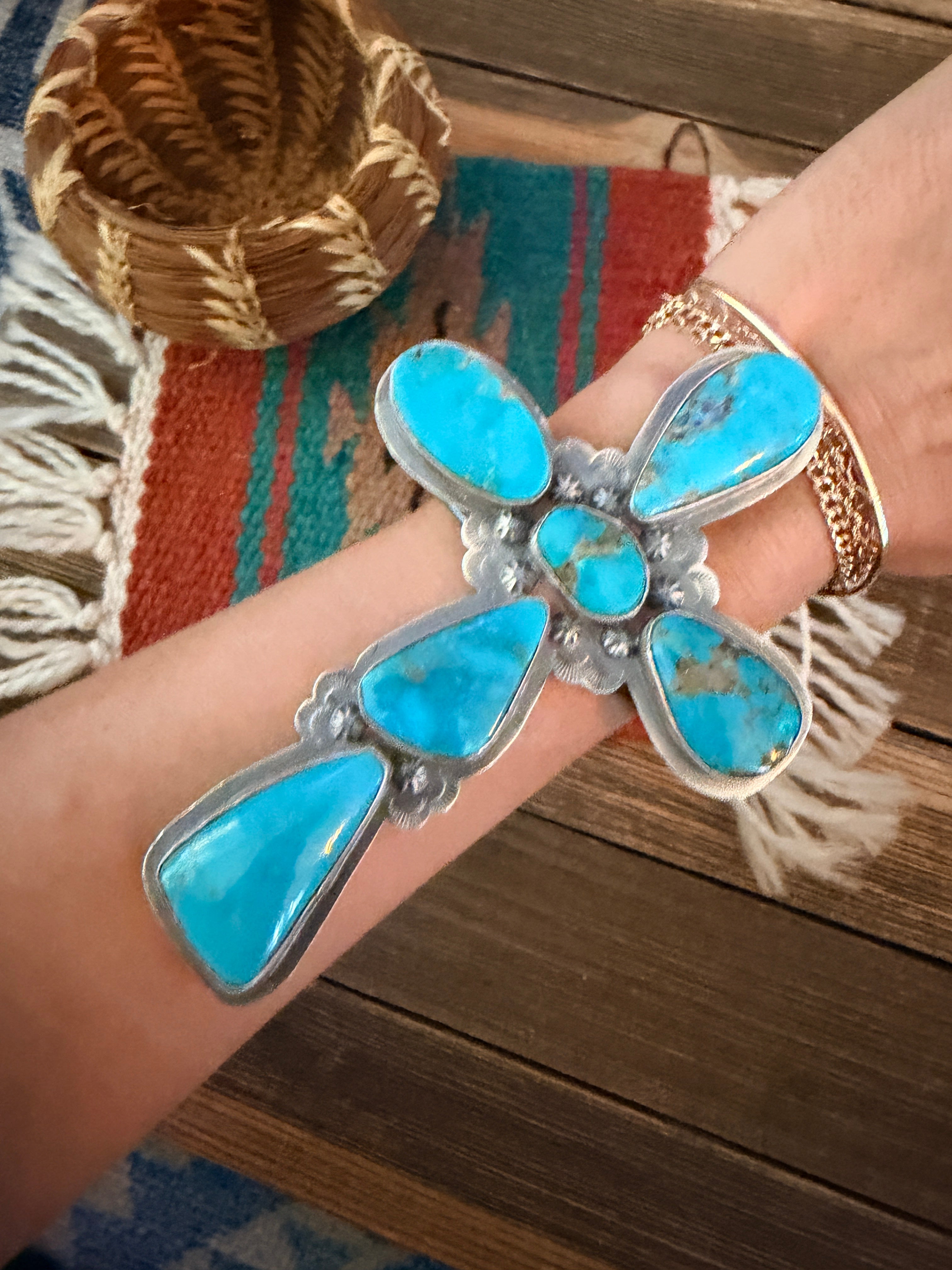 Handcrafted Turquoise & Sterling Silver Cross Cuff Bracelet